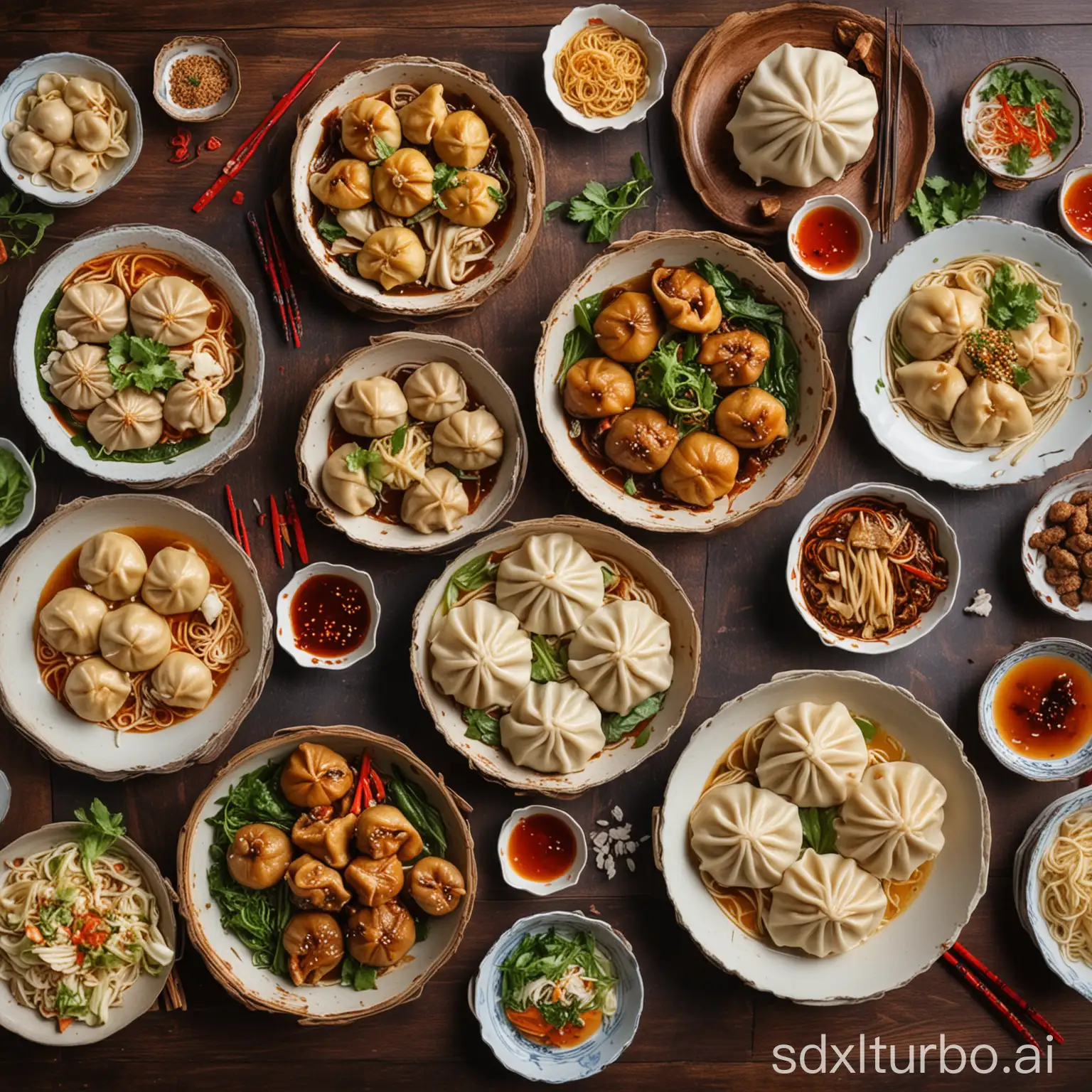 A variety of delicious Asian fusion dishes, such as bao buns, dumplings, and noodles, are arranged on a table. The food is beautifully presented and looks very appetizing.