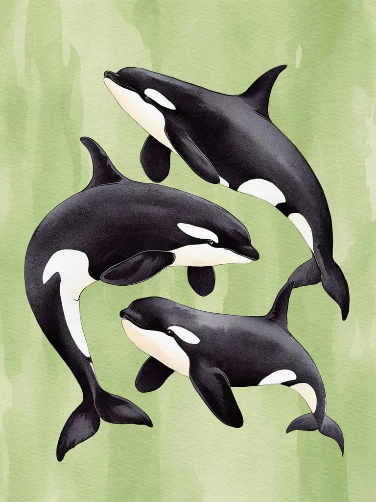 Orcas Swimming in Watercolor Style Around Light Green Background