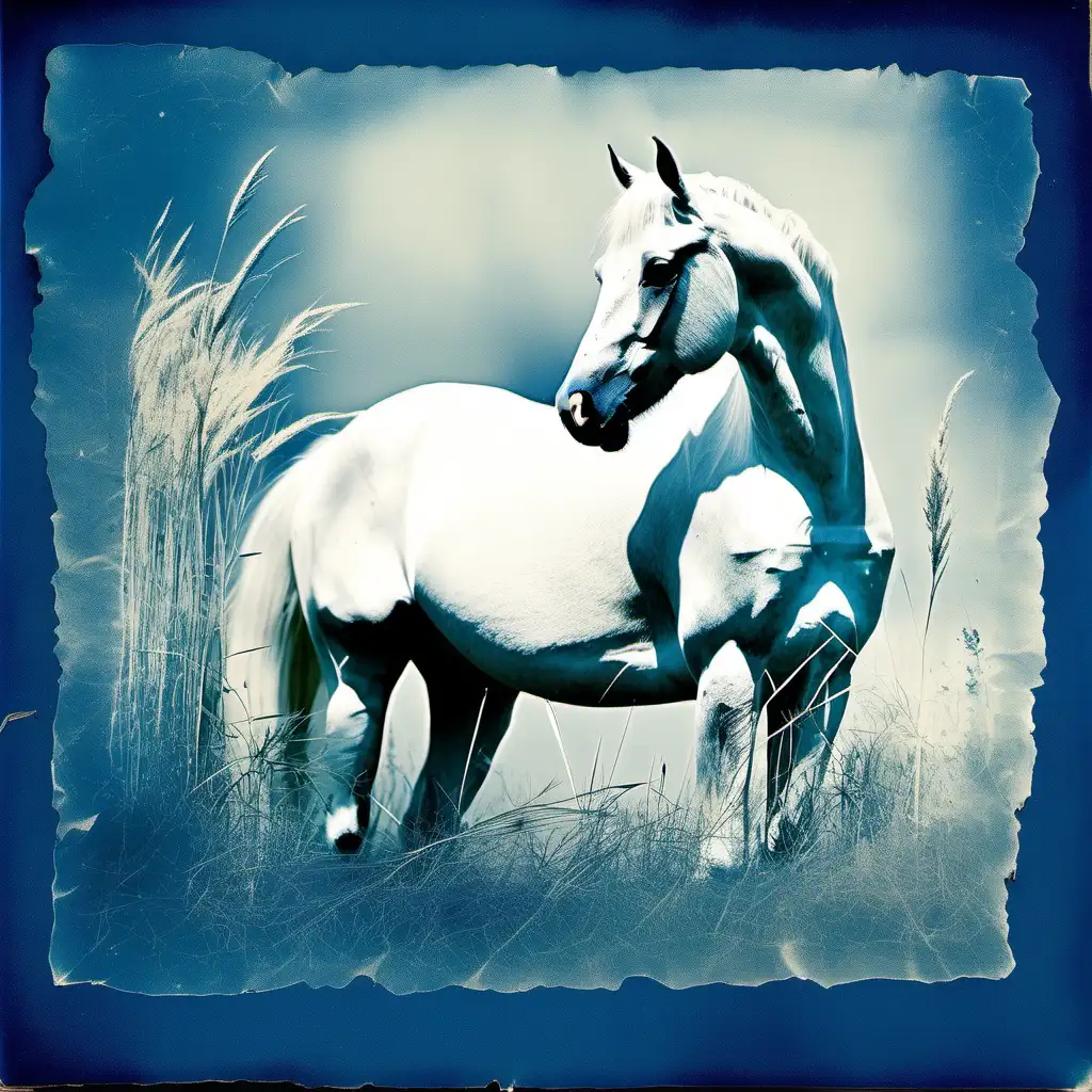 Cyanotype printing, a beautiful white horse eating grass, on paper, cyanotype printing technique, sun-exposed paper textures, botanical extract sprays, ethereal, nostalgic, blue-hued