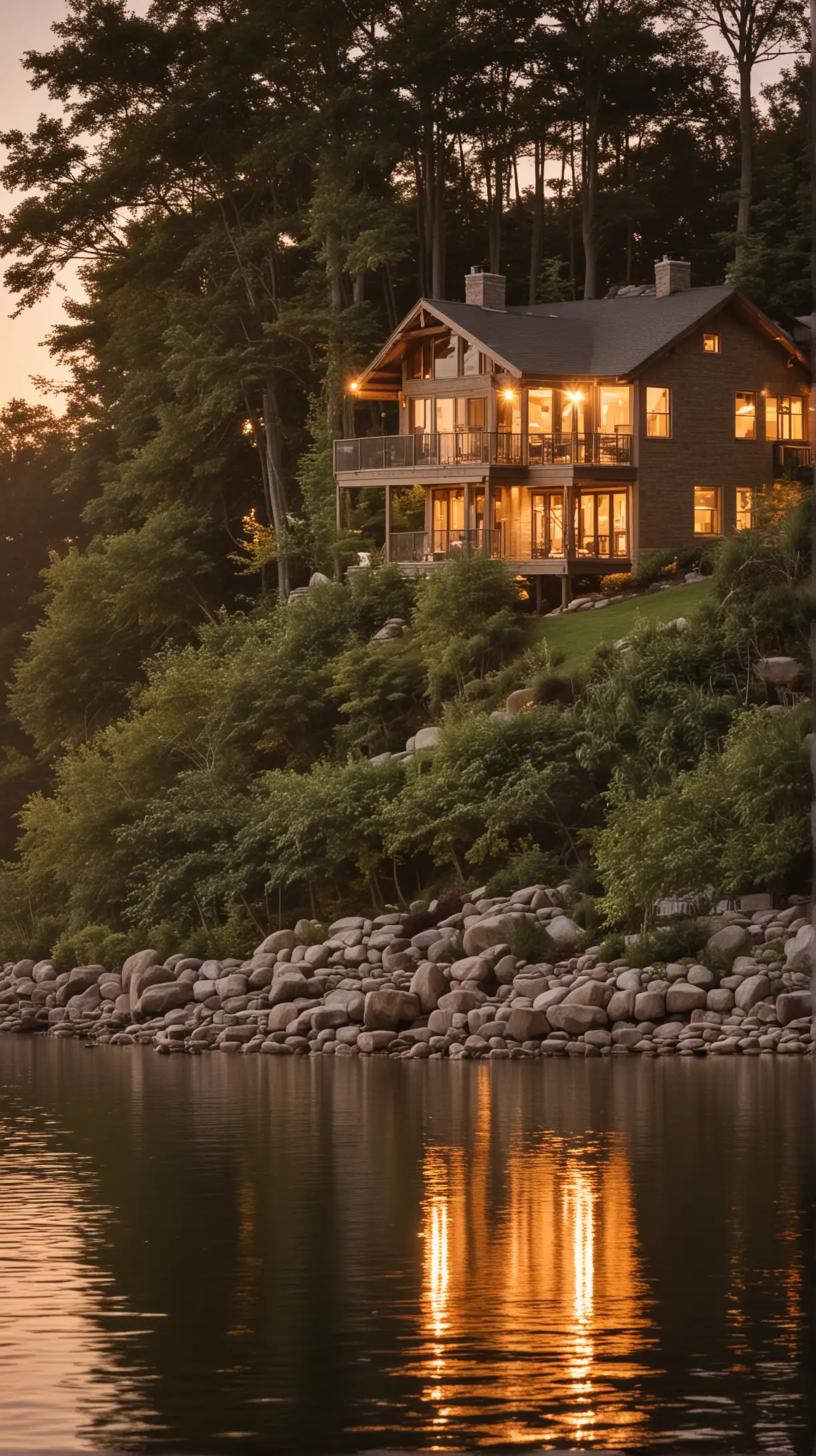 lakefront home at dawn, warm lighting