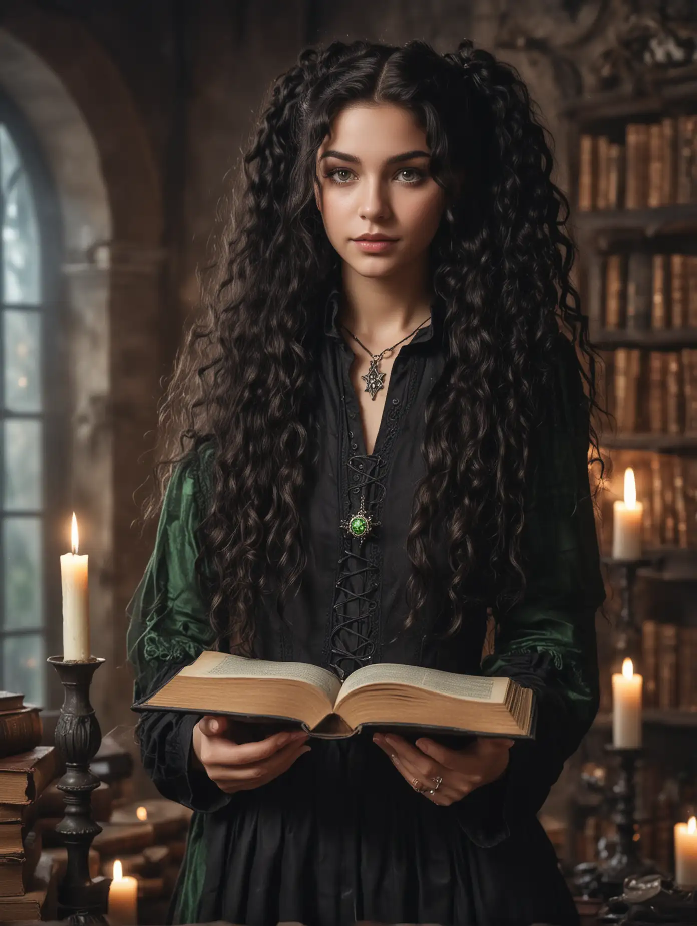 Young Witch with Long Curly Black Hair and Spellbook in Enchanted Room