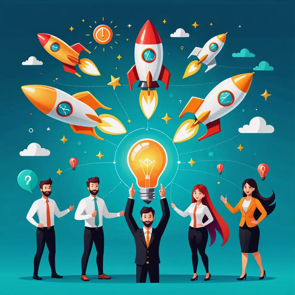 flat business vector illustration. symbolizes startup spirit with rockets, diverse entrepreneurs, a light bulb for ideas, and a search bar for strategic planning. Celebrates teamwork, creativity, and entrepreneurship.