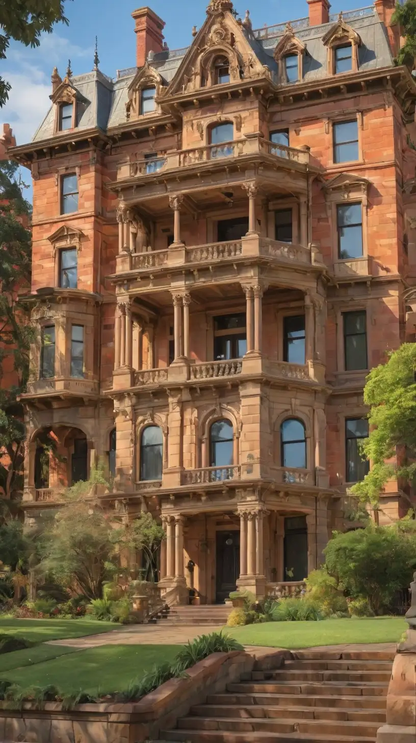 Show a kind face of Carnegie. background is a vivid beautiful mansion 
