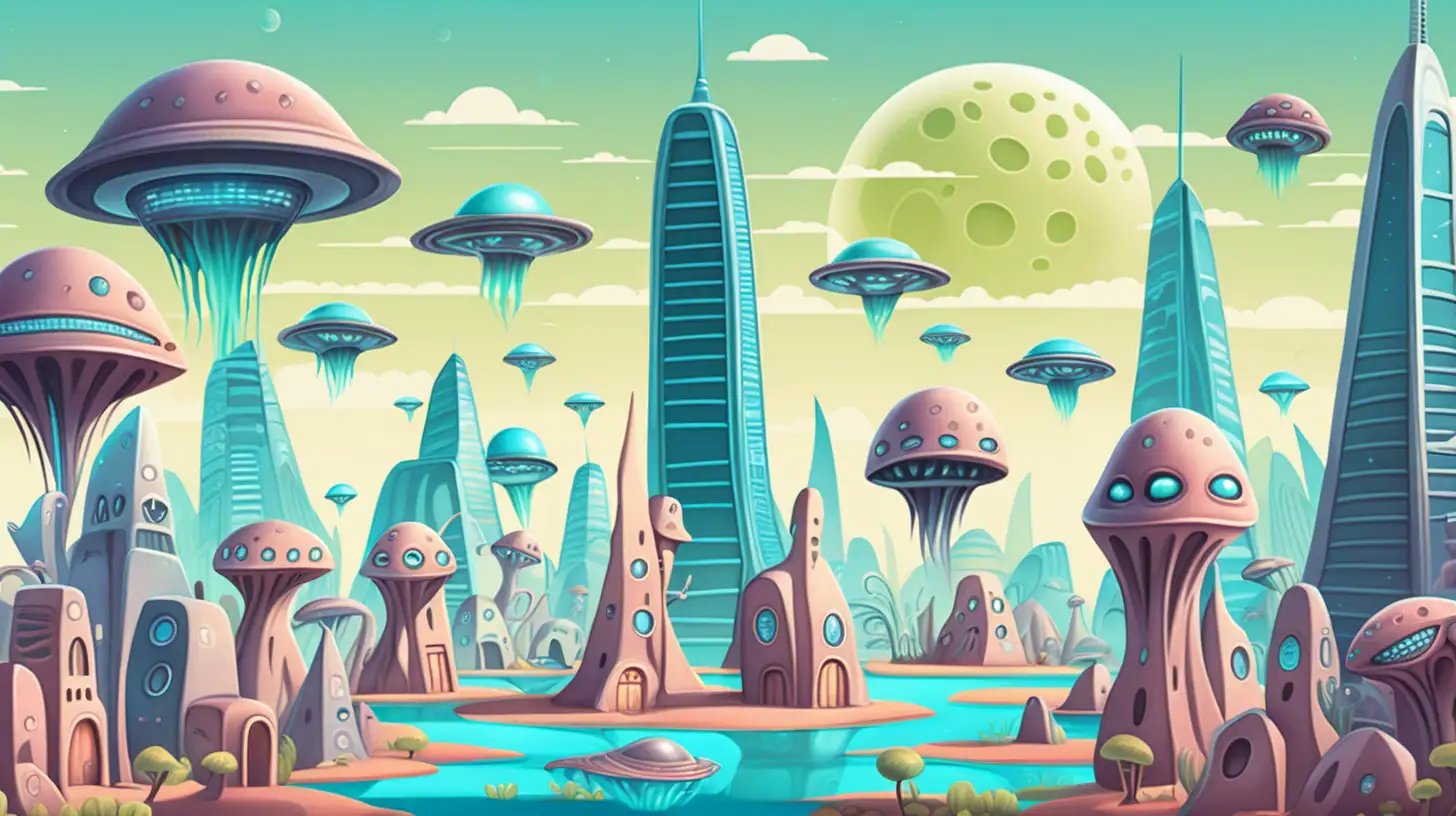 Adorable Alien City Cartoon Vibrant Vector Surface
