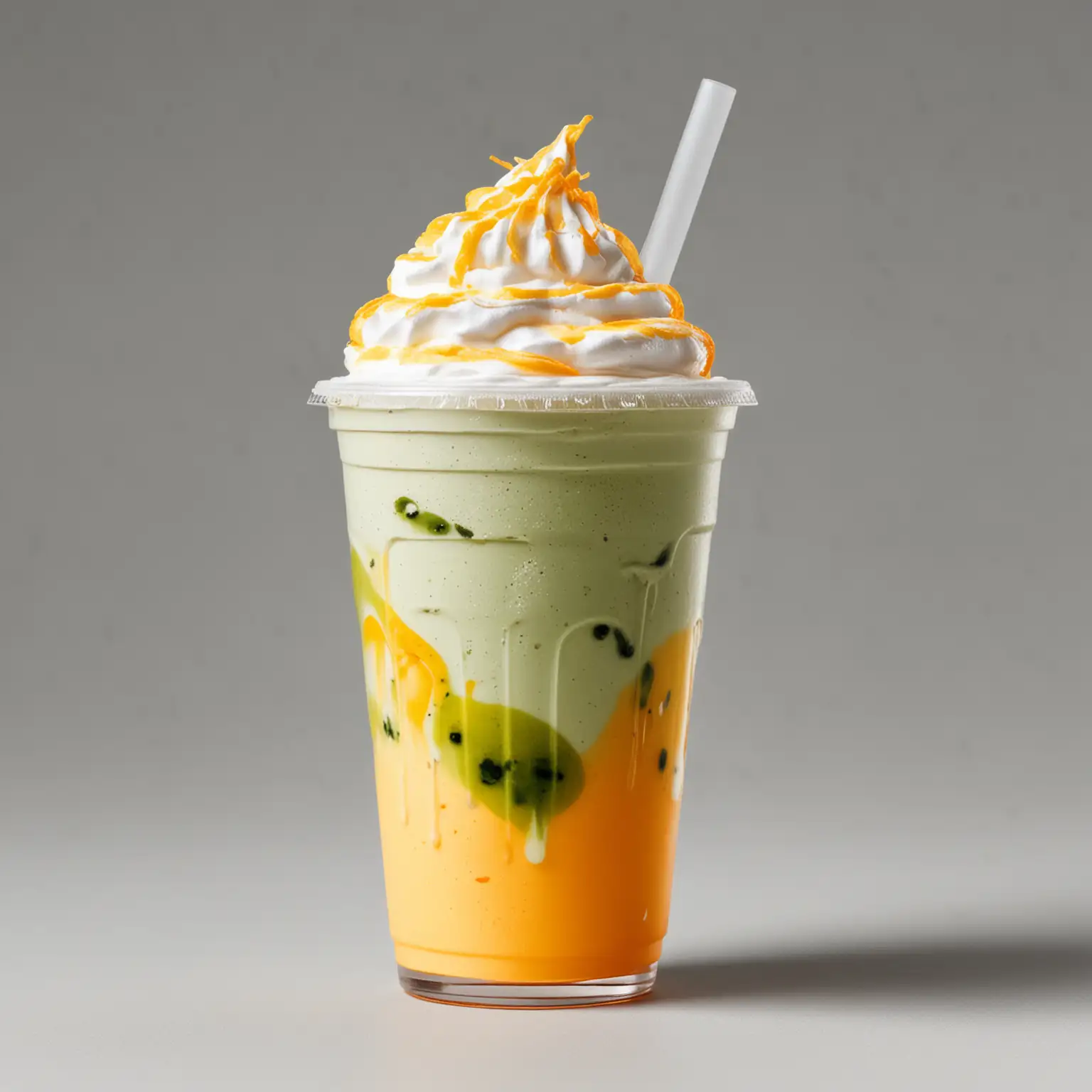 iced vanilla matcha milk latte. Orange mango milk foam on top. White whip cream. in a clear plastic disposable cup with dome lid with a single straw.  Transparent background.