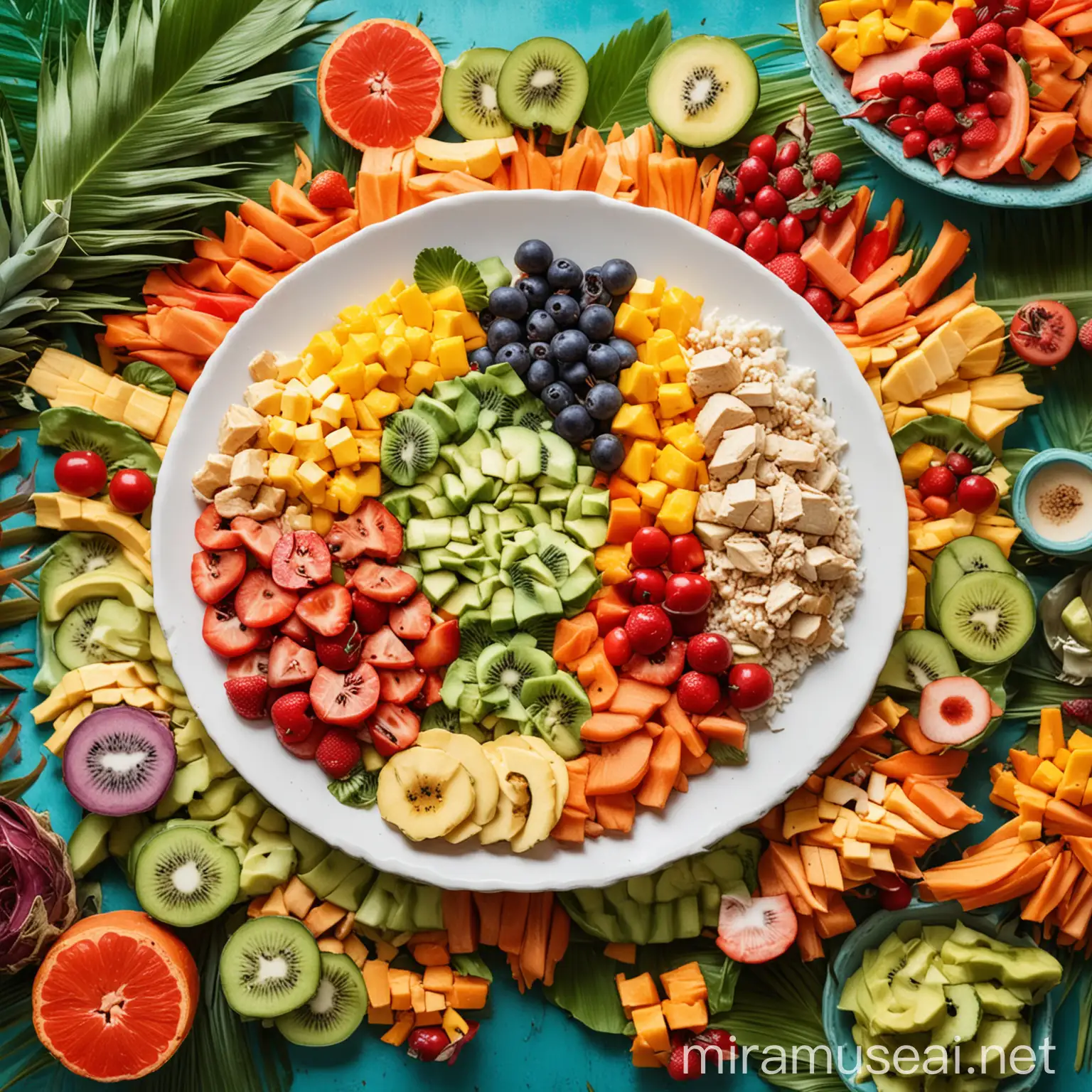 A vibrant plate of colorful, healthy food with a tropical background.