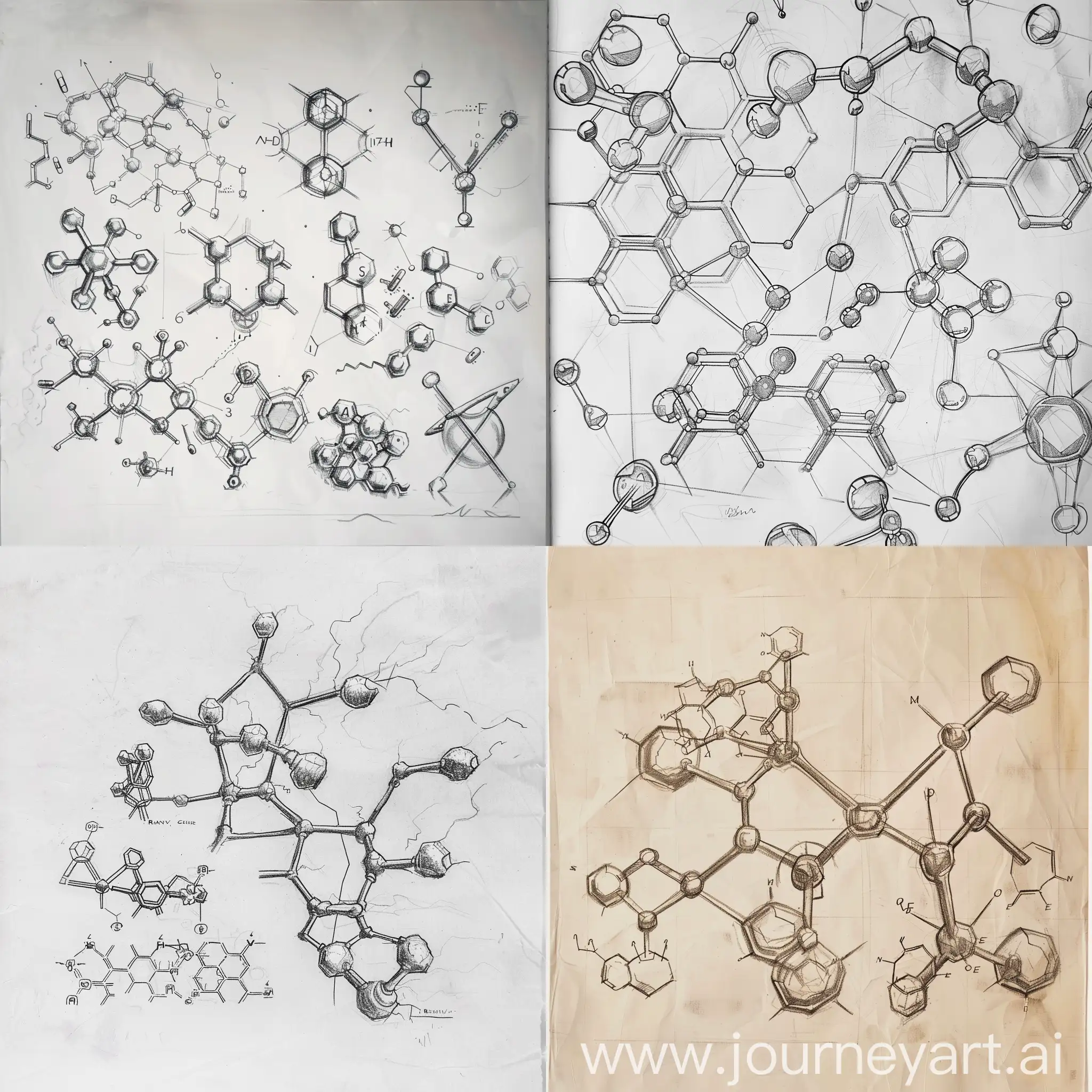 diagrams of chemical structures for anti-aging medicine, pencil sketch