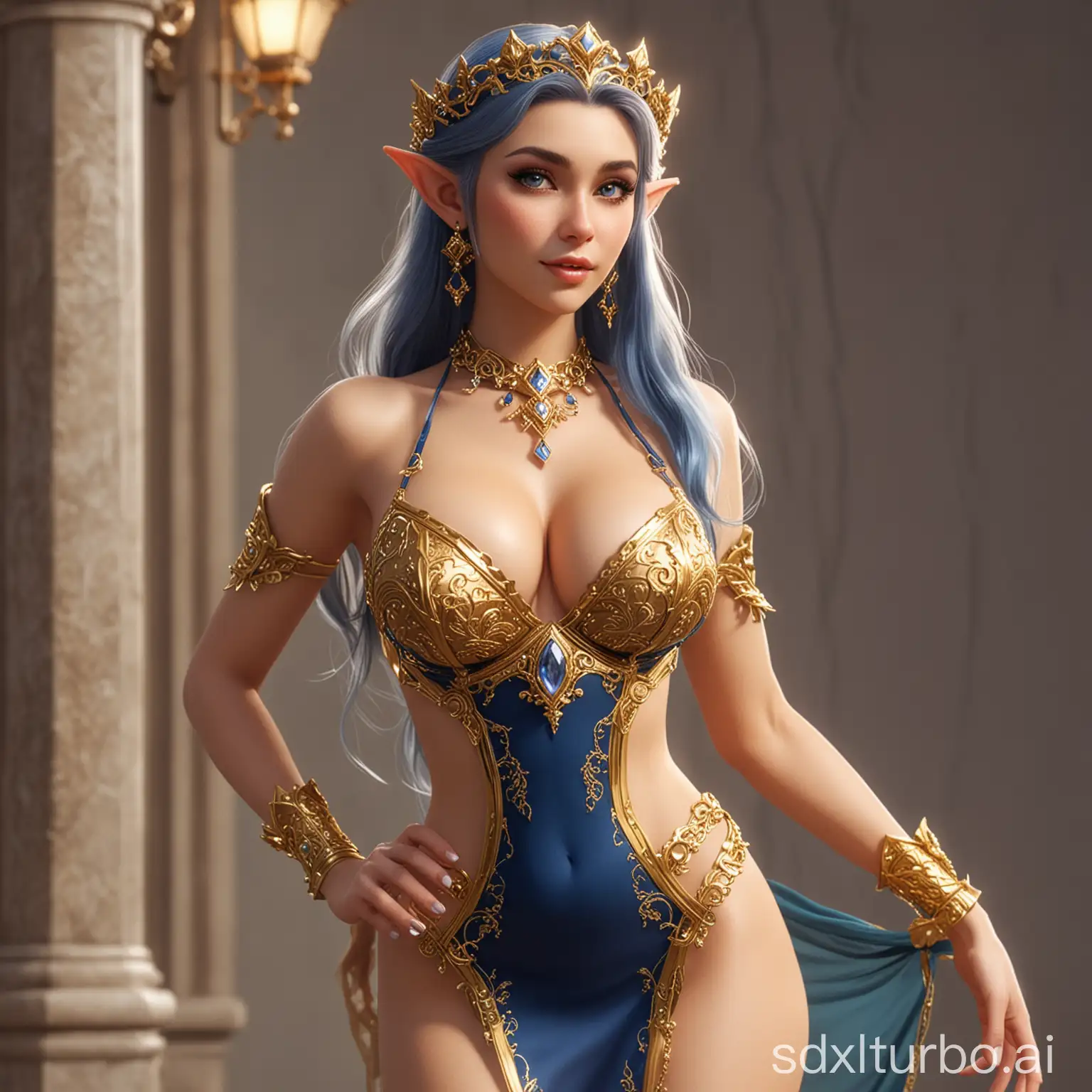 an busty elf princess wearing a gold jerellery lingerie sapphire voxel dress