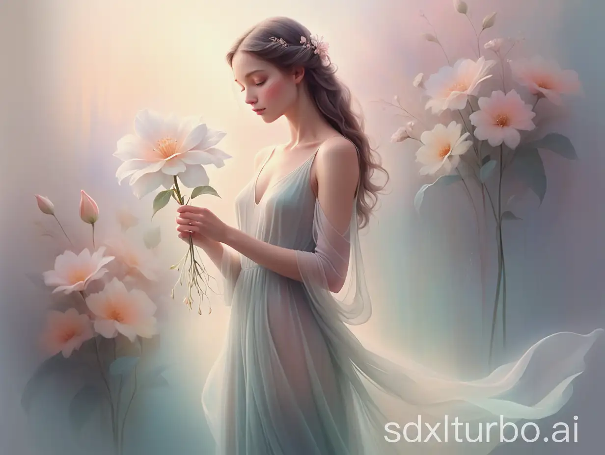 Create a digital painting of an ethereal woman standing gracefully, holding a delicate flower. Her flowing, translucent gown blends seamlessly with the soft, pastel background. The scene should evoke a sense of tranquility and grace, with delicate lines and soft gradients enhancing the dreamlike atmosphere. The colors should be predominantly pastel, with subtle hints of gold to add a touch of elegance. The overall mood should be serene and otherworldly, capturing the delicate beauty and ethereal presence of the woman.
