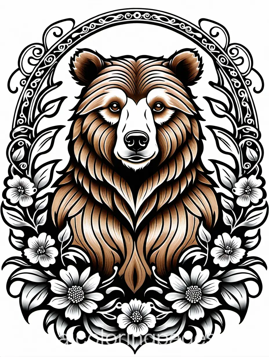 Brown Bear, fantasy, ethereal, beautiful, Art nouveau, in the style of Brian Froud, Coloring Page, black and white, line art, white background, Simplicity, Ample White Space. The background of the coloring page is plain white to make it easy for young children to color within the lines. The outlines of all the subjects are easy to distinguish, making it simple for kids to color without too much difficulty