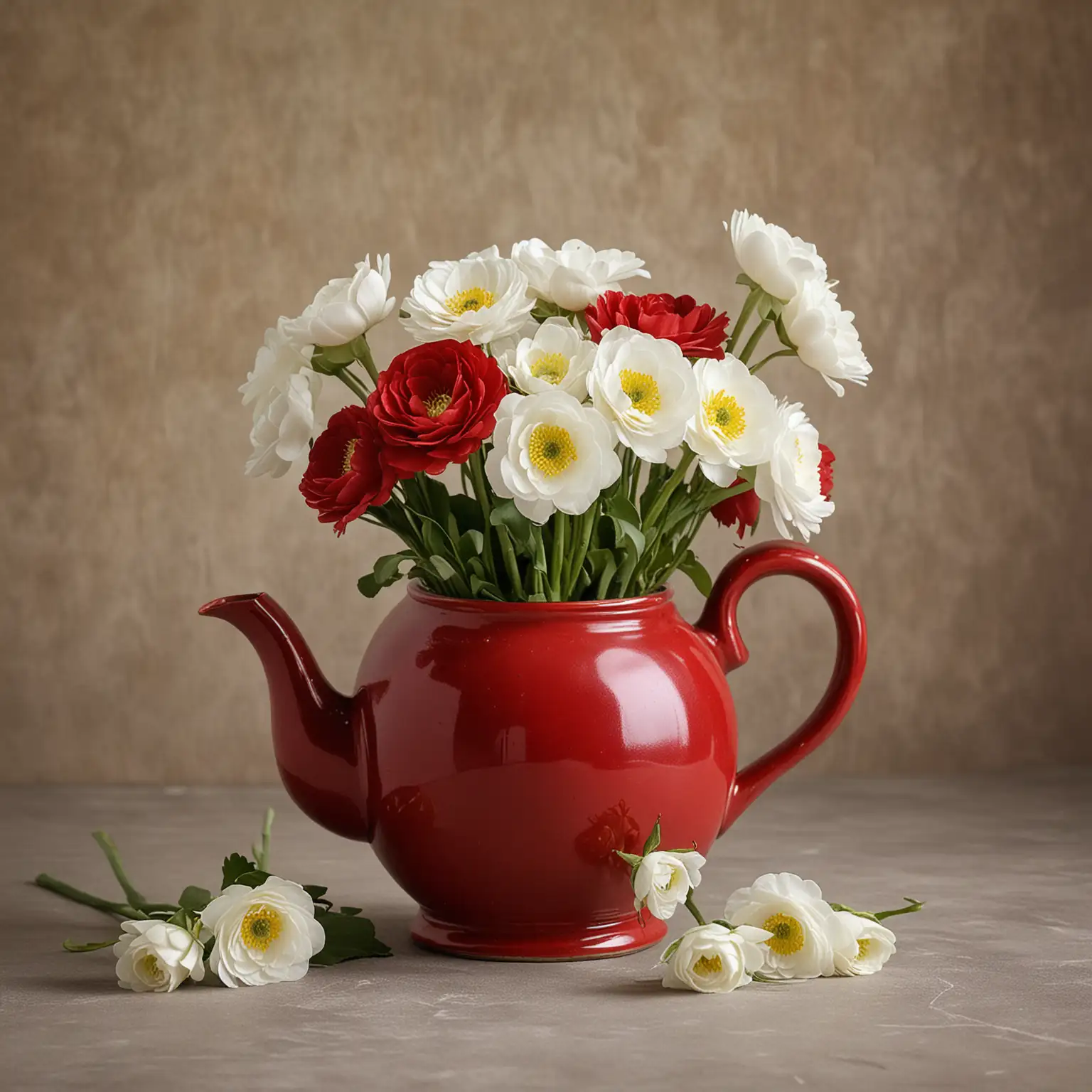 Antique-Red-Teapot-with-ShortStemmed-White-Ranunculus-Flowers