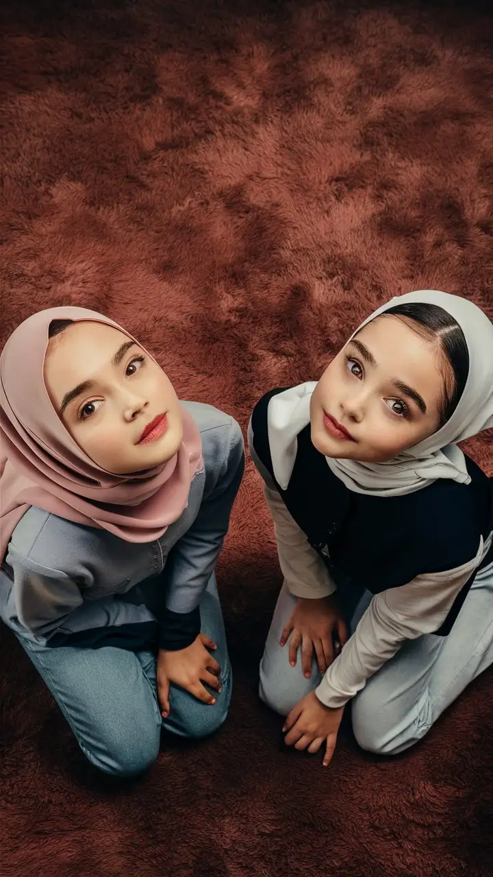 2 little porcelain skin girl.  14 years old. They wear a modern hijab, skinny jeans.
They are beautiful. They kneel on the carpet. well-groomed, turkish, quality face, plump lips.
Bird's eye view, top view, cool face, nail polish. Looks up