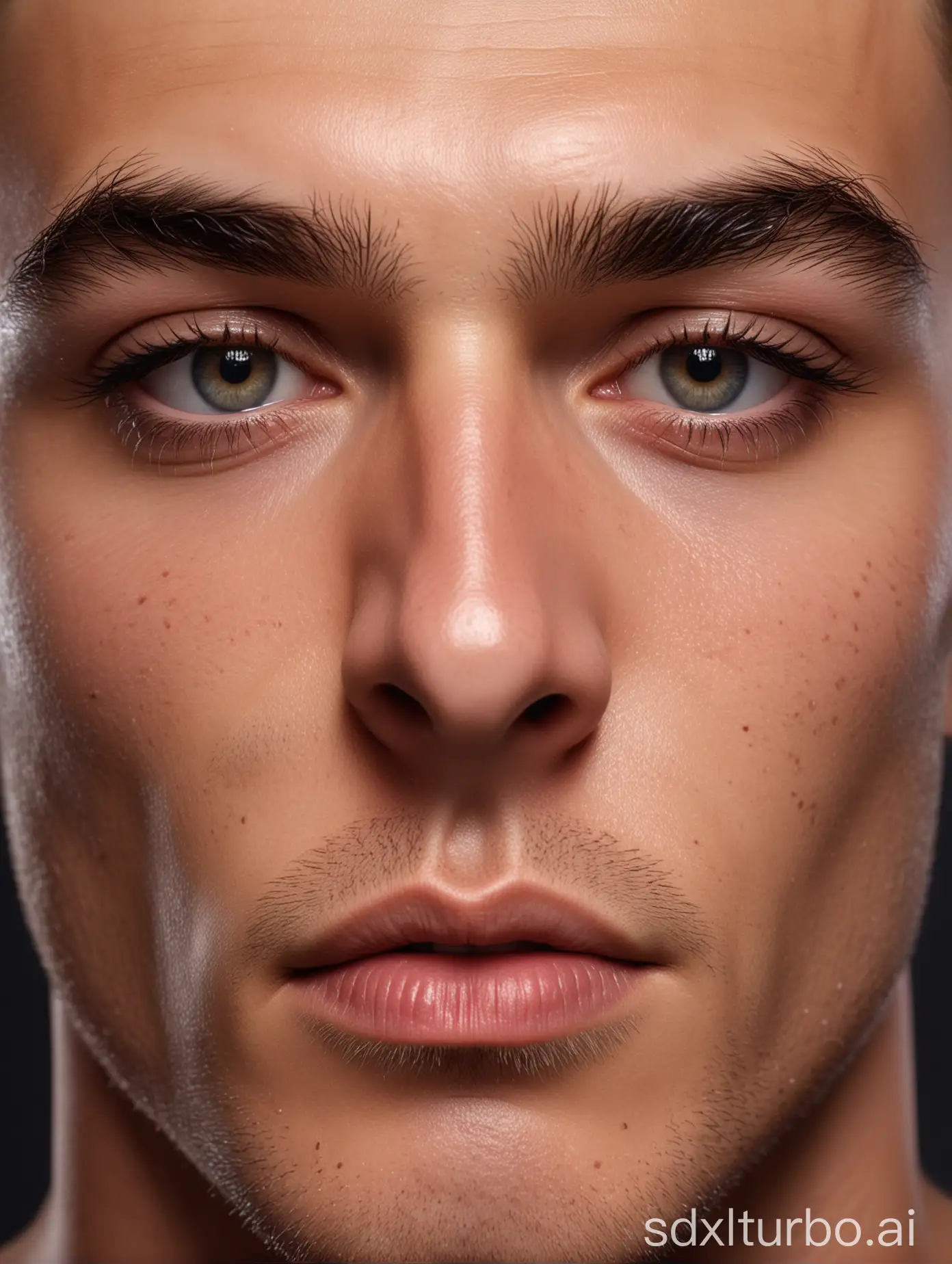 first pov towards mirror, studio photography professional lighting, soft shadows, clear light environment portraits male super model, face close up, very handsome, oily skin, masterpiece, best quality, ultra-detailed, ultra high resolution , face close up, very elegant, thick eyebrows