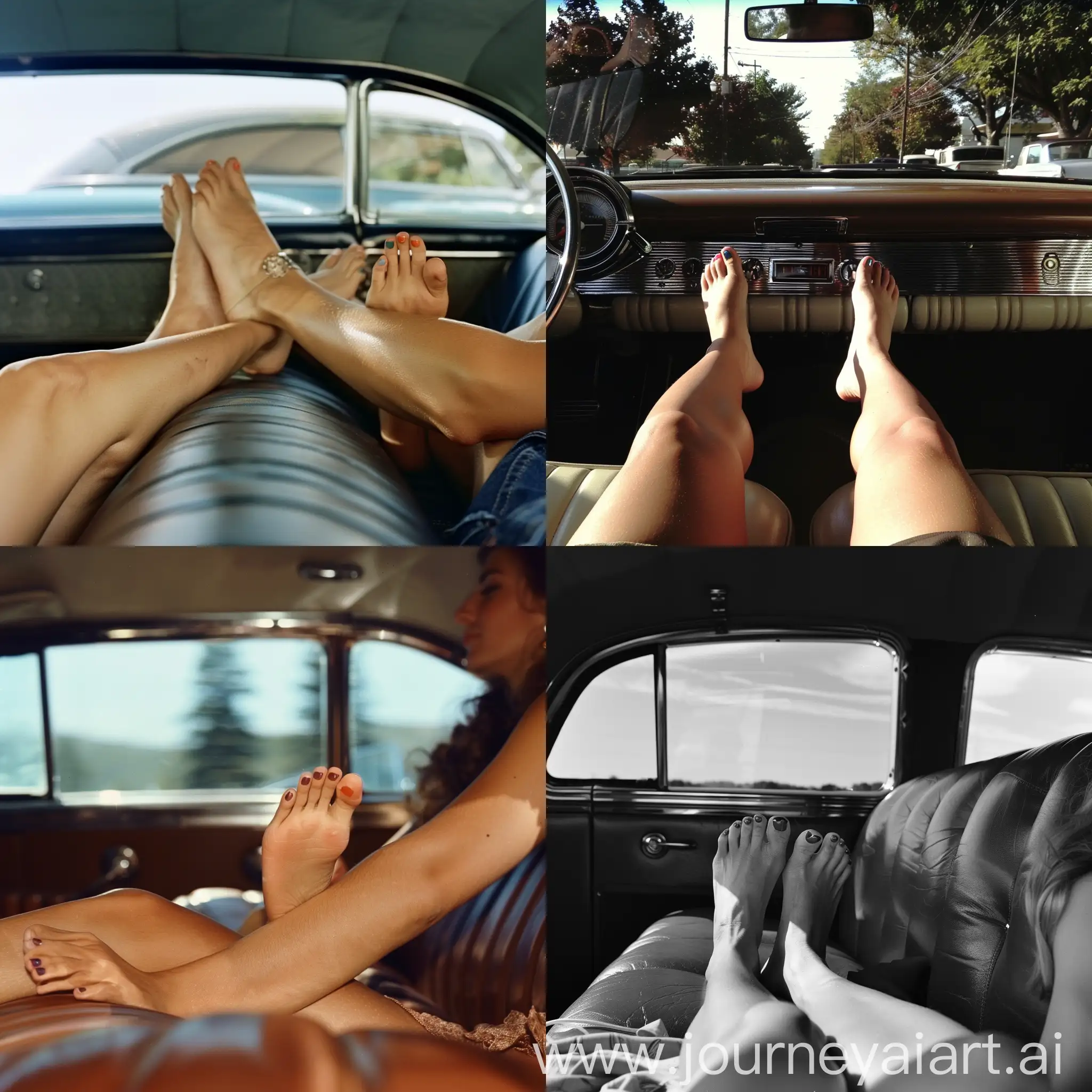 POV of sitting in the back seat of a classic car, a young woman's feet resting on my lap, no shoes, painted toe nails, cross legged