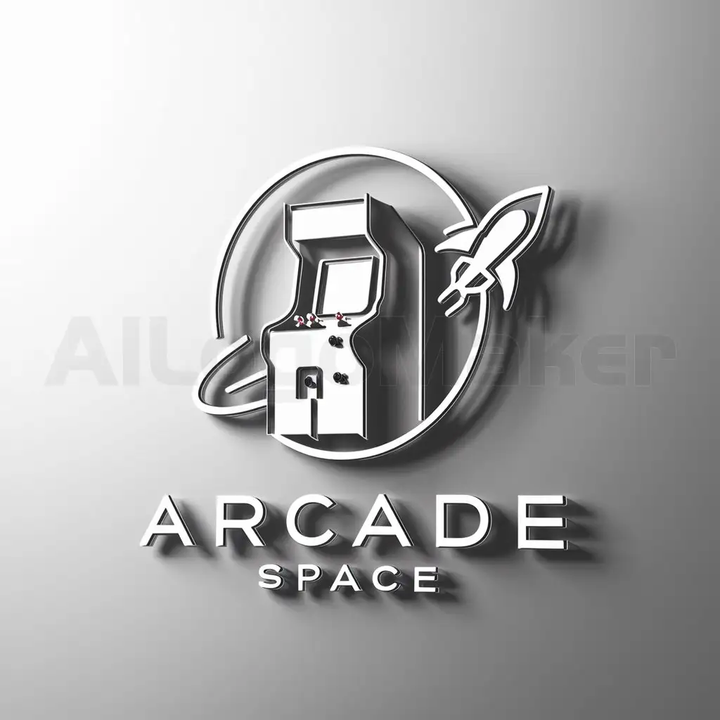 a logo design,with the text "ARCADE SPACE", main symbol:Maquina arcade con un cohete espacial rodeandolo,Minimalistic,be used in Entertainment industry,clear background