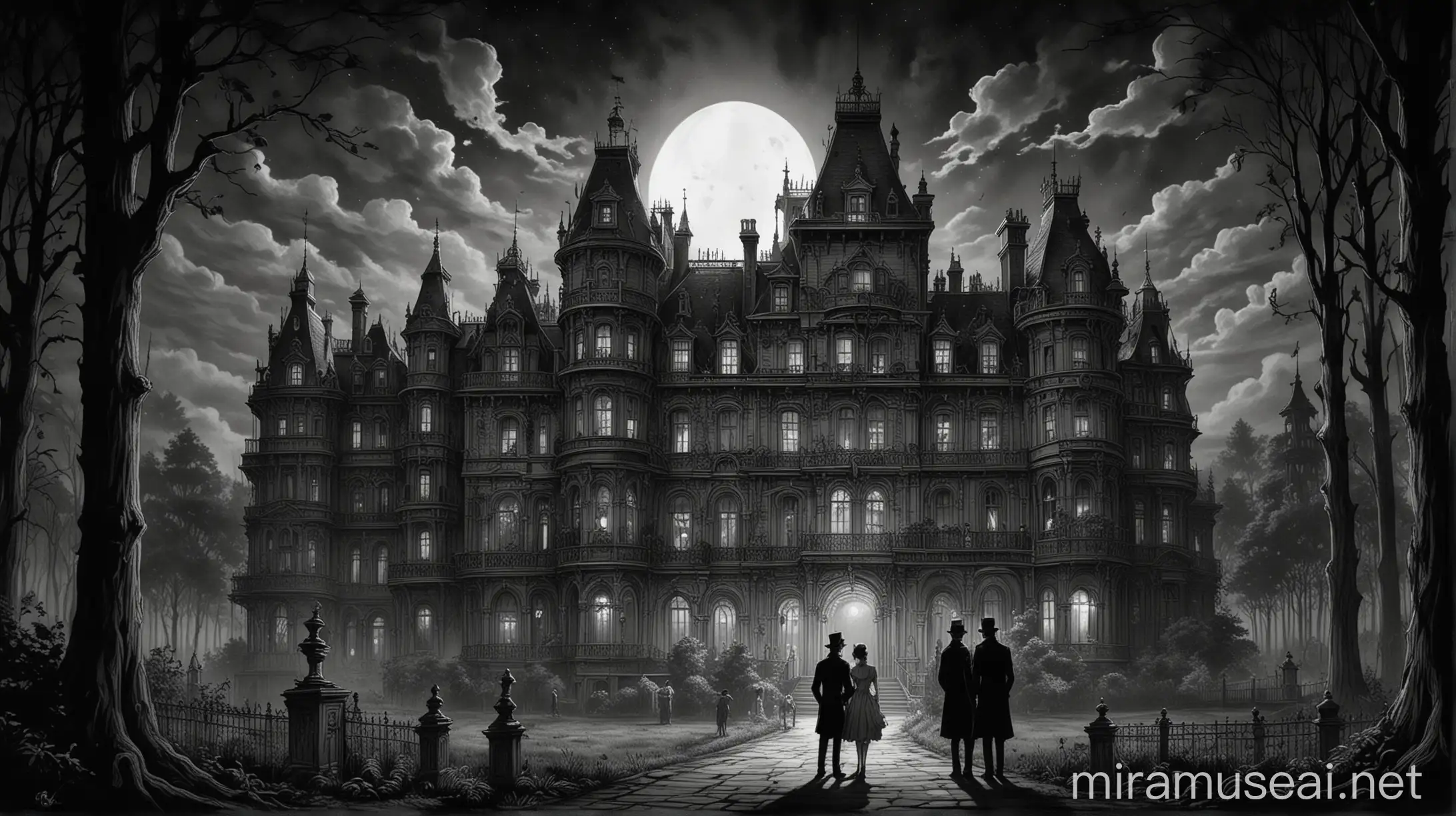 A Tim Burton-style drawing of a Belle Époque two male noir detectives standing next to a colossal Victorian palace with 1000 rooms, many towers and rooms in a shadowy forest with gardens, on a dark night.