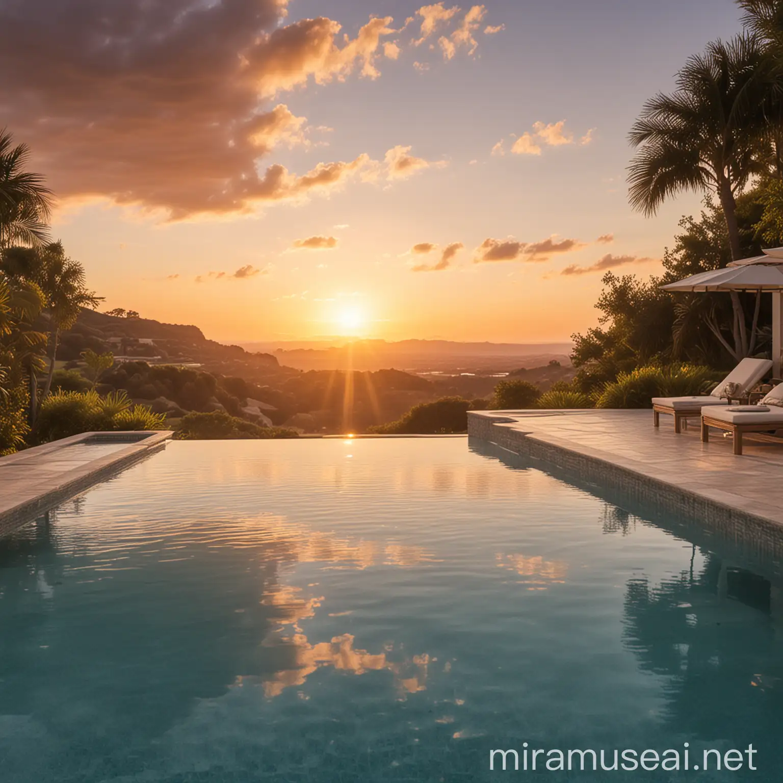 Image of a luxurious pool with a summer sunrise.