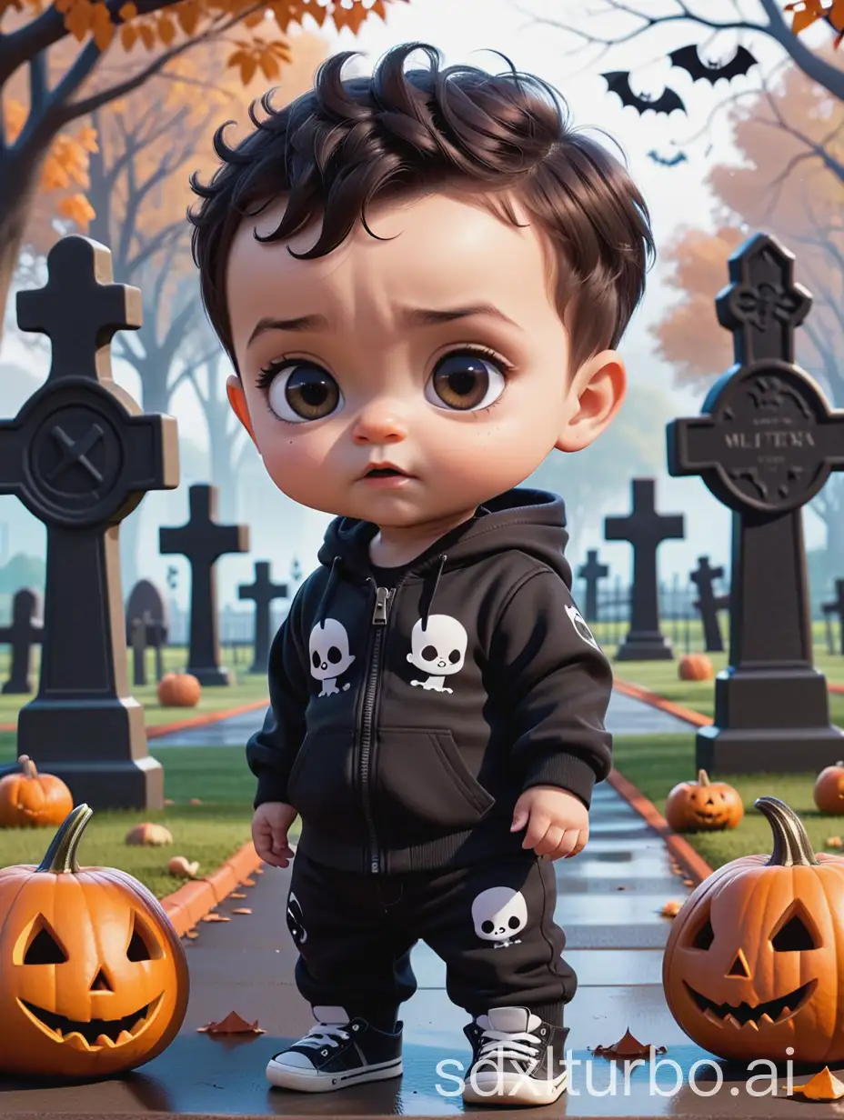 super cute, adorable, light skinned black, little baby boy, toddler, big brown eyes, very short hair, black baby clothes, playing, cemetery, playground, gothic baby, spooky, cloudy day, hotel Transylvania,  pixar, autumn, halloween night, chibi, ultra realistic, adams family netflix