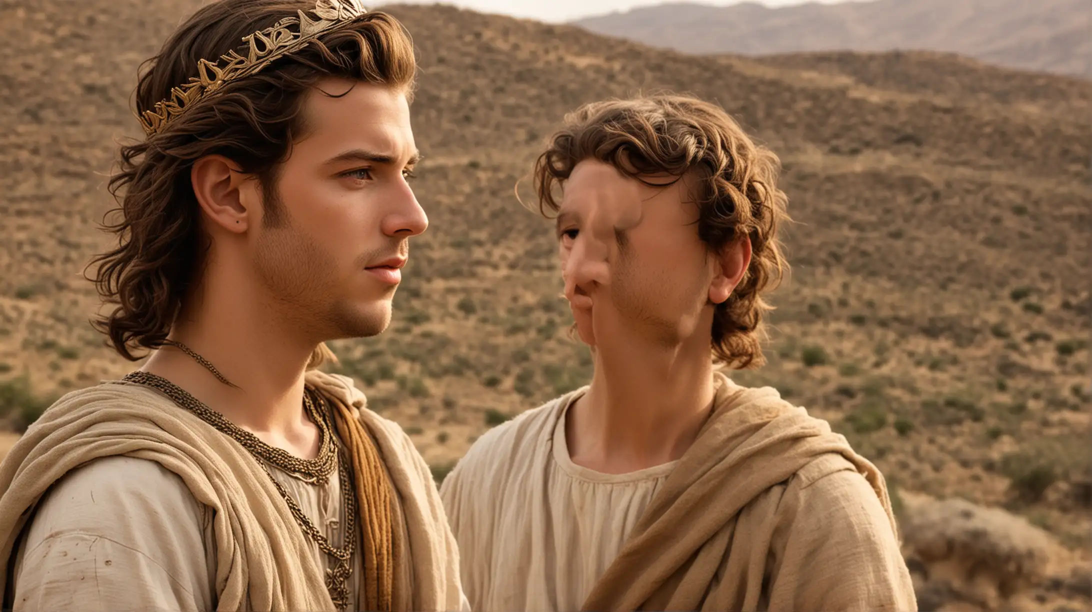 A close up of a young handsome Biblical King David standing on a desert hilly field talking to his friend Jonathon. Set during the Biblical Era of King David.