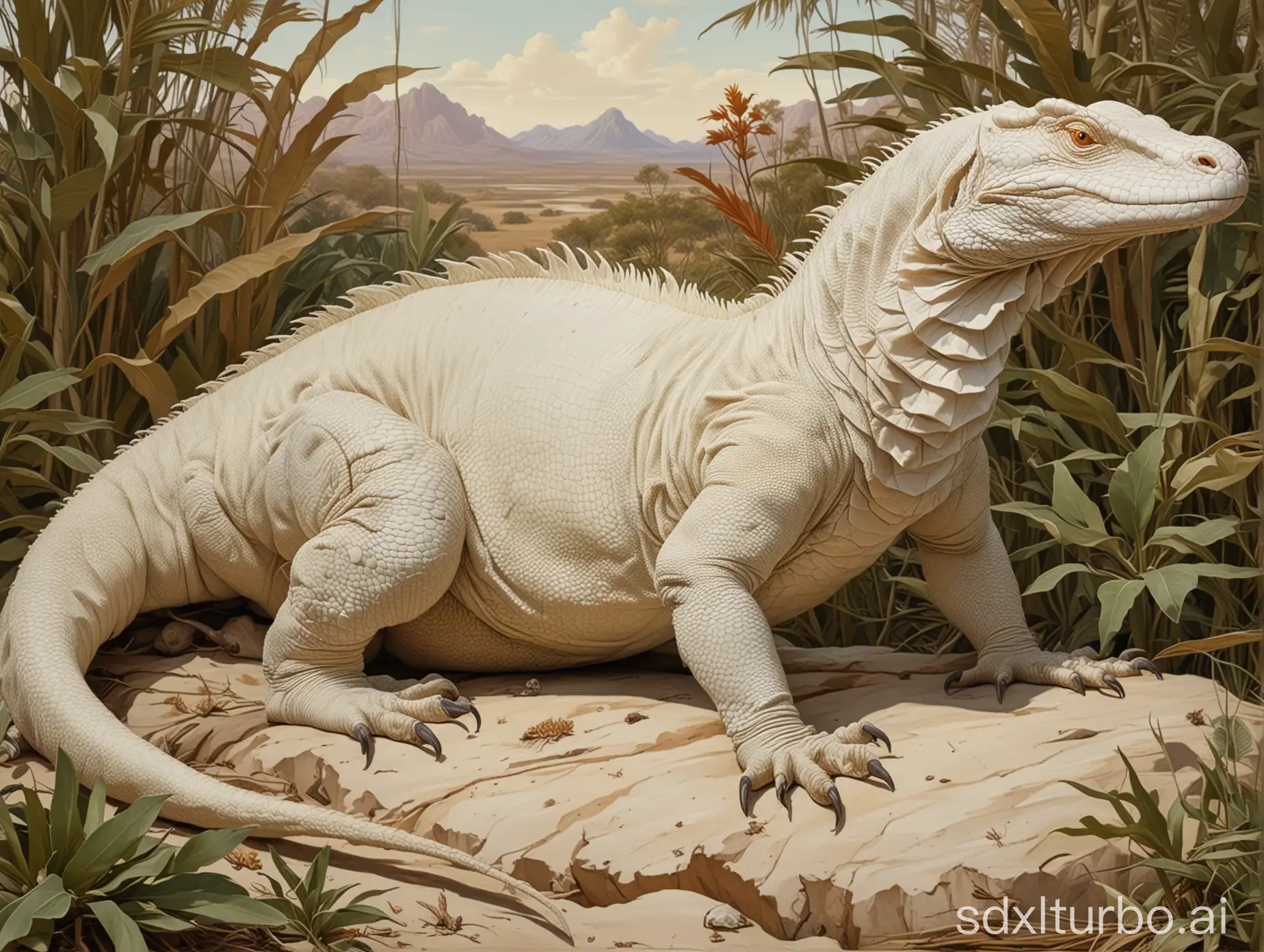A full body shot of an albino Komodo dragon, with a background of savannah, in the style of painting by Leyendecker.