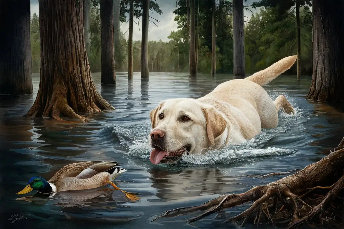 A skillfully rendered illustration of a Labrador Retriever, proudly swimming after a dead mallard duck floating in the water.  The background is a flooded wooded timber forest, with massive trees submerged in water, their roots entwined in the murky depths. The atmosphere is one of accomplishment and the bond between man and nature.