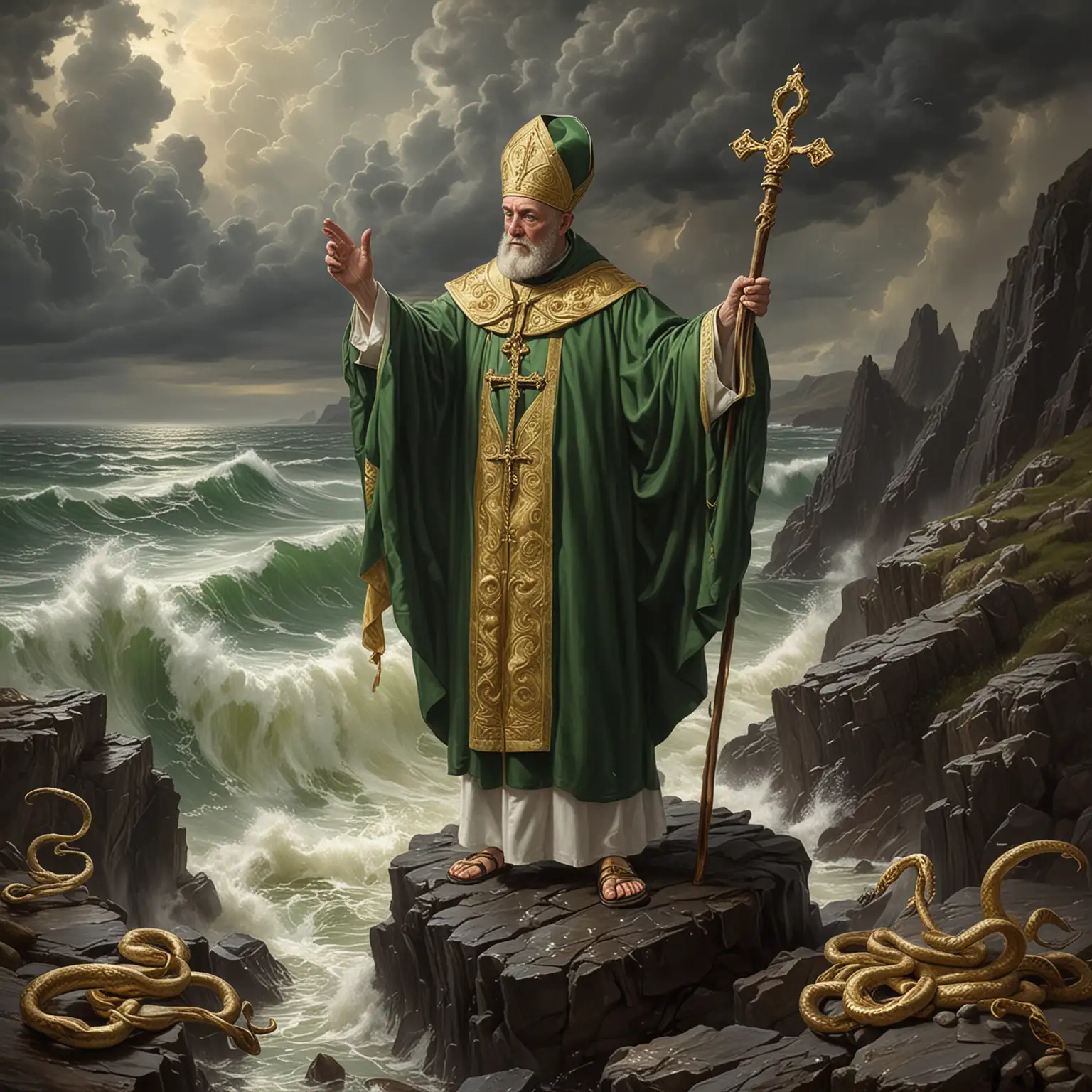 Saint Patrick Banishing Snakes Catholic Bishop Amidst Stormy Seas