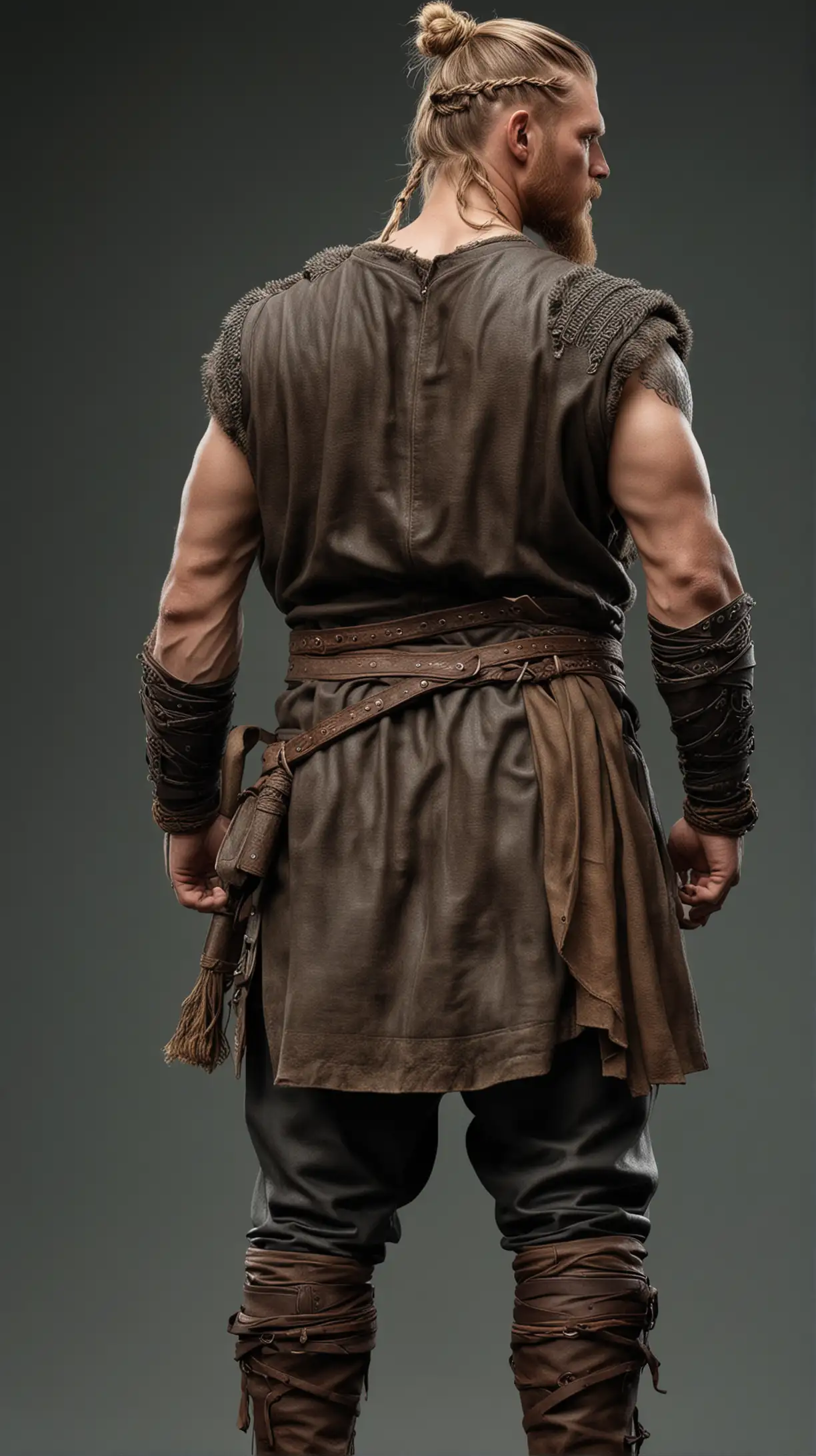 photo taken from behind, showing a big muscular viking man, back view, full body, short shoulder length hair tied in a high knot, viking clothes, leather sleeves, very realistic and detailed, show no side profile or face