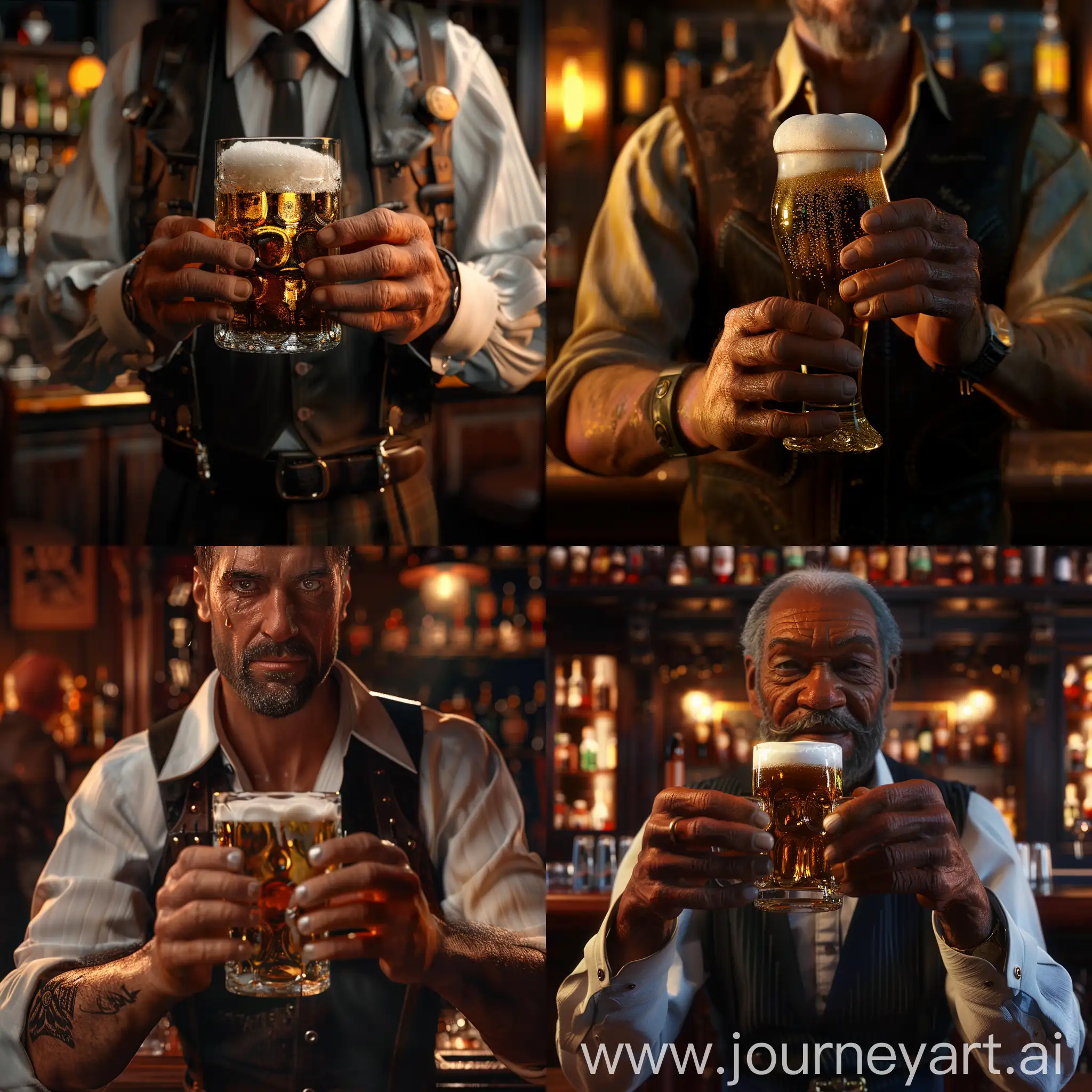 Артур Морган держит в руках бокал пиво, задний фон бар, крупный план, гипер реализм, 8к, профессиональное освещение