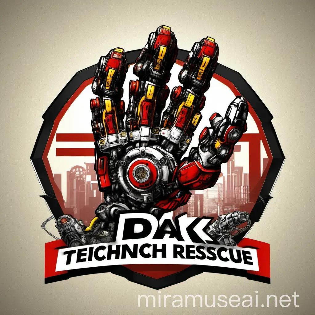 Edak technical search and rescue logo.  Use red yellow black colors.  In the logo, the mechanical robot hand saves the victim human hand from the debris.