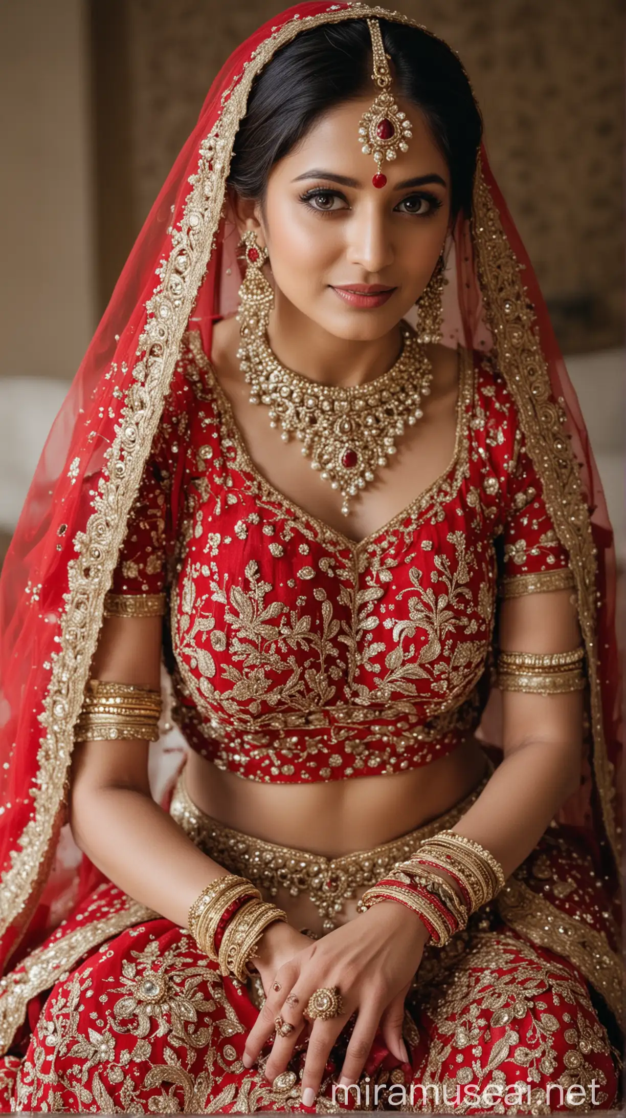 Traditional Indian Bride in Red Lehenga and Ornate Jewelry