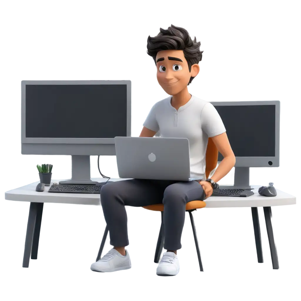 A cartoon guy sitting in front of multiple computers and coding


