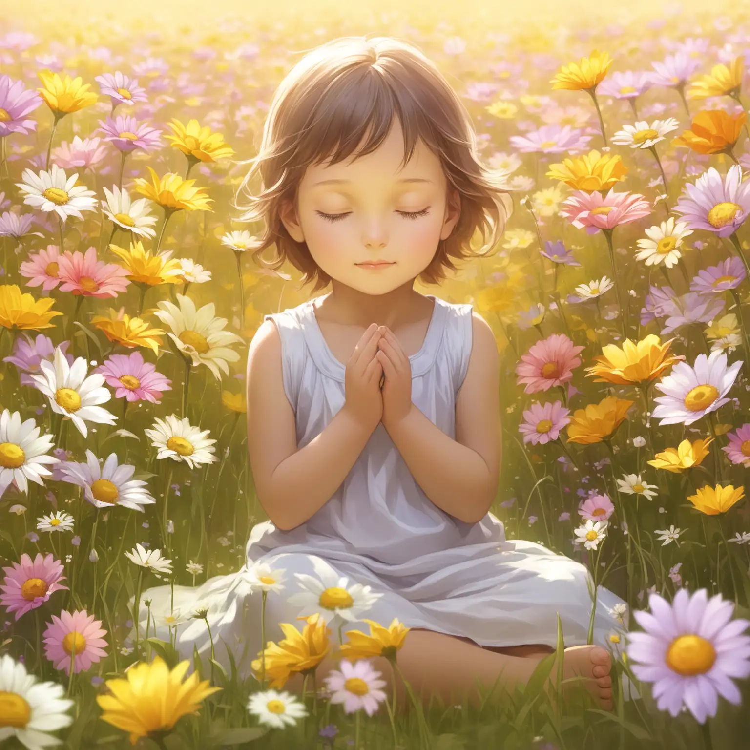 A child sitting in a field of flowers, eyes closed, with a peaceful expression, reflecting on things they are grateful for.