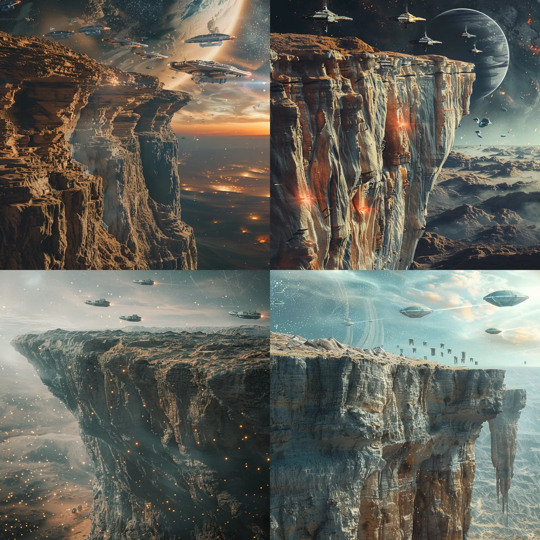  Фантастическая планета в стилистике фильма Дюна, космический пейзаж, обрыв, на небе космические корабли, 8k, плёночная фотография, ультодетализация, рассеяние света, резкий фокус, высокая детализация 