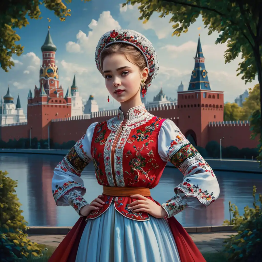 Sophisticated Young Woman in Traditional Russian Attire with Moscow Kremlin Background