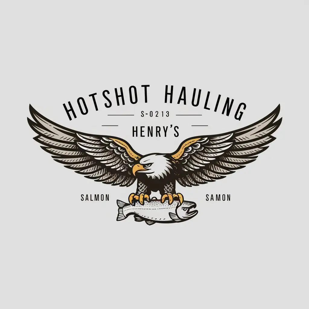 a logo design,with the text "Hotshot hauling", main symbol:Eagle spreading its wings and feathers in between them from tip to tip is written the word Henry’s as it is grasping a salmon in its claws just above the water below the words on the spot freight,Minimalistic,clear background