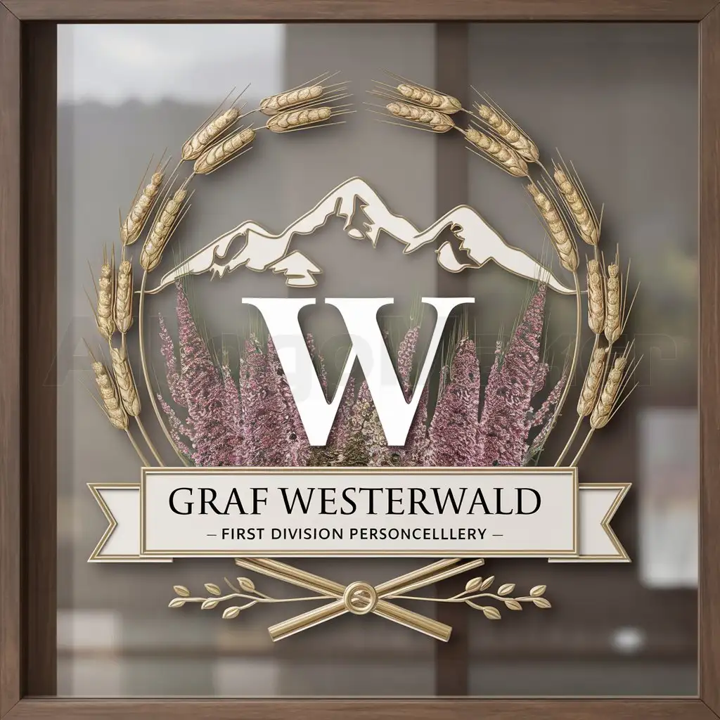 a logo design,with the text "Heather flowers in front of mountains, frame made of wheat ears, letter W, inscription at the bottom first division personal chancellery Graf Westerwald", main symbol:Heather flowers against the backdrop of mountains,complex,be used in Legal industry,clear background