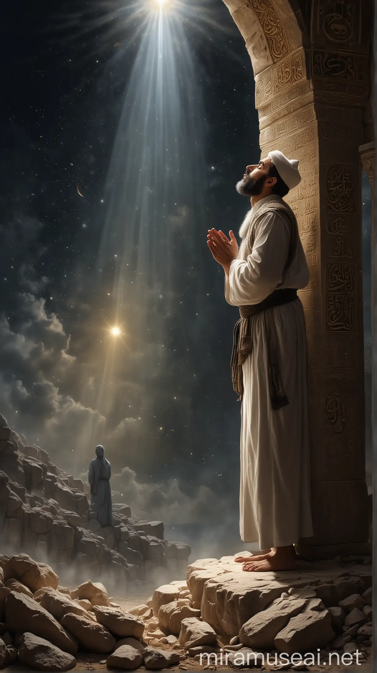A scene where a man looks up at the sky while praying. In the background, there is a shining light and the appearance of a figure representing the longed-for sight of Hızır Aleyhisselam.
 ISLAM
