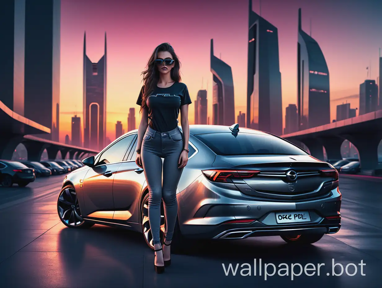 Grey opel insignia grand sport carfrom the front, a fuller shape woman with long darkbrown hair visible from the back (her face isn't visible), in black t-shirt with cleavage, jeans and high heels standing next to the car, background is a futuristic city at sunset, synthwave style