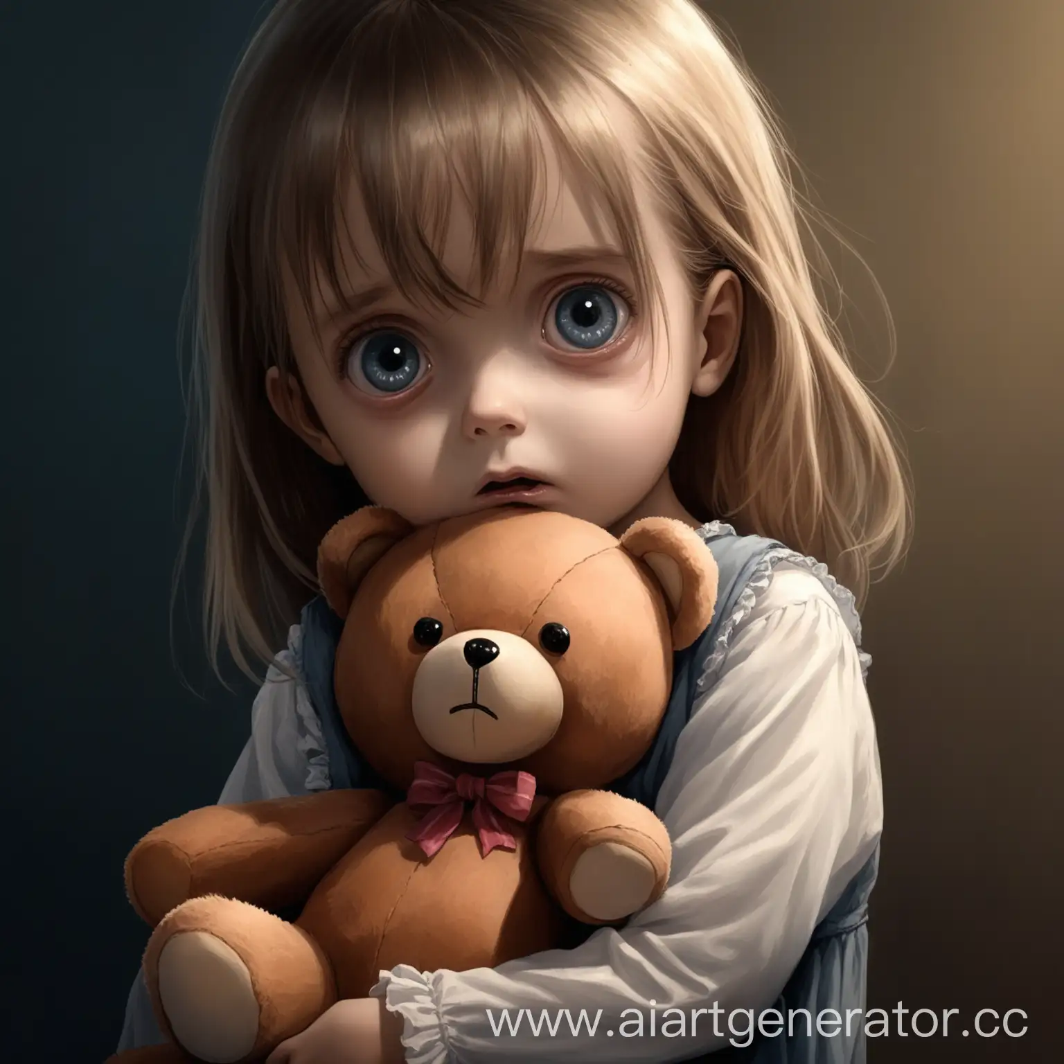 Young-Girl-Hugging-Teddy-Bear-with-a-Slightly-Scared-Expression
