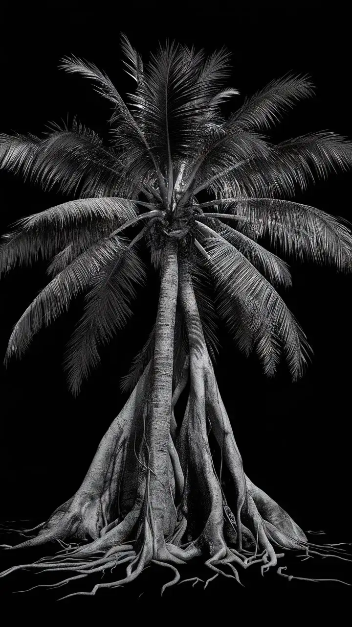 Create a tall coconut tree with a very very fat trunk of a banyan tree, black background