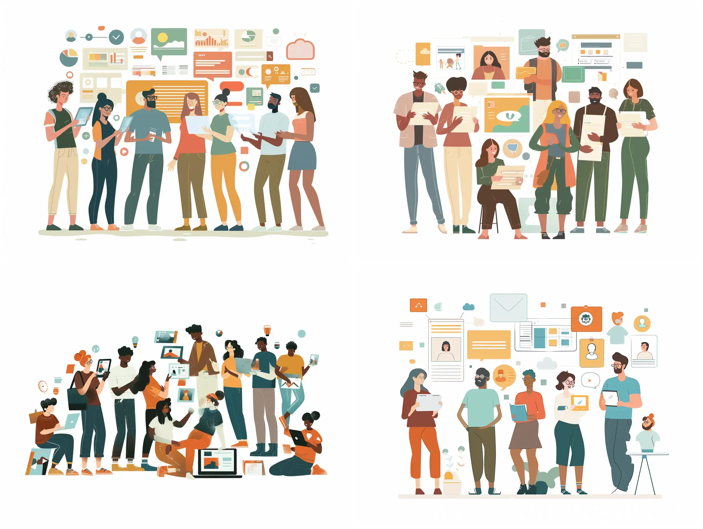 An illustration of a diverse group of people interacting with digital content, set against a white background and should include friendly warm colors. They should create a calm and inviting atmosphere.