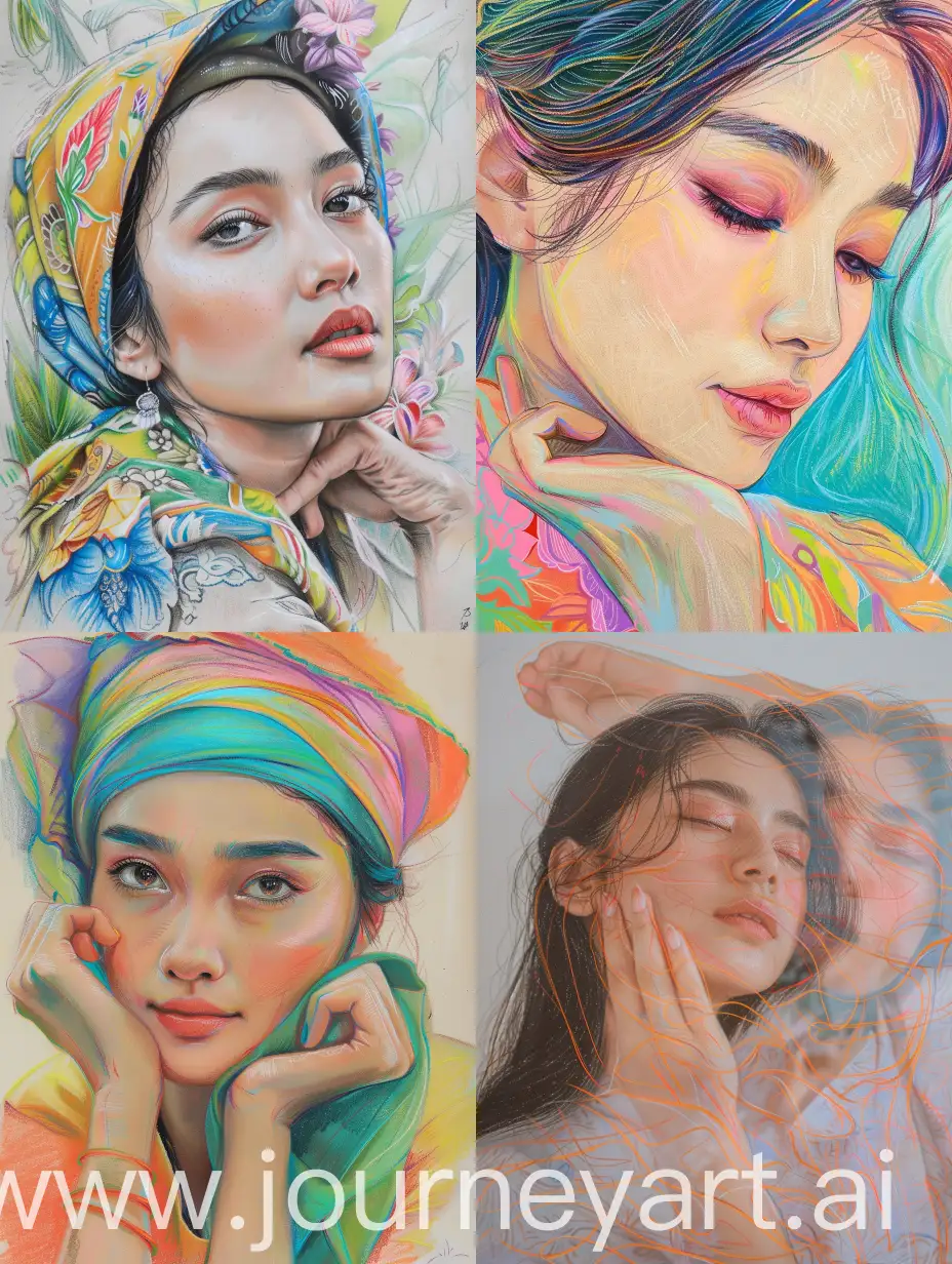 Beautiful women Indonesia,I see you in my dream, continuous pastel line 