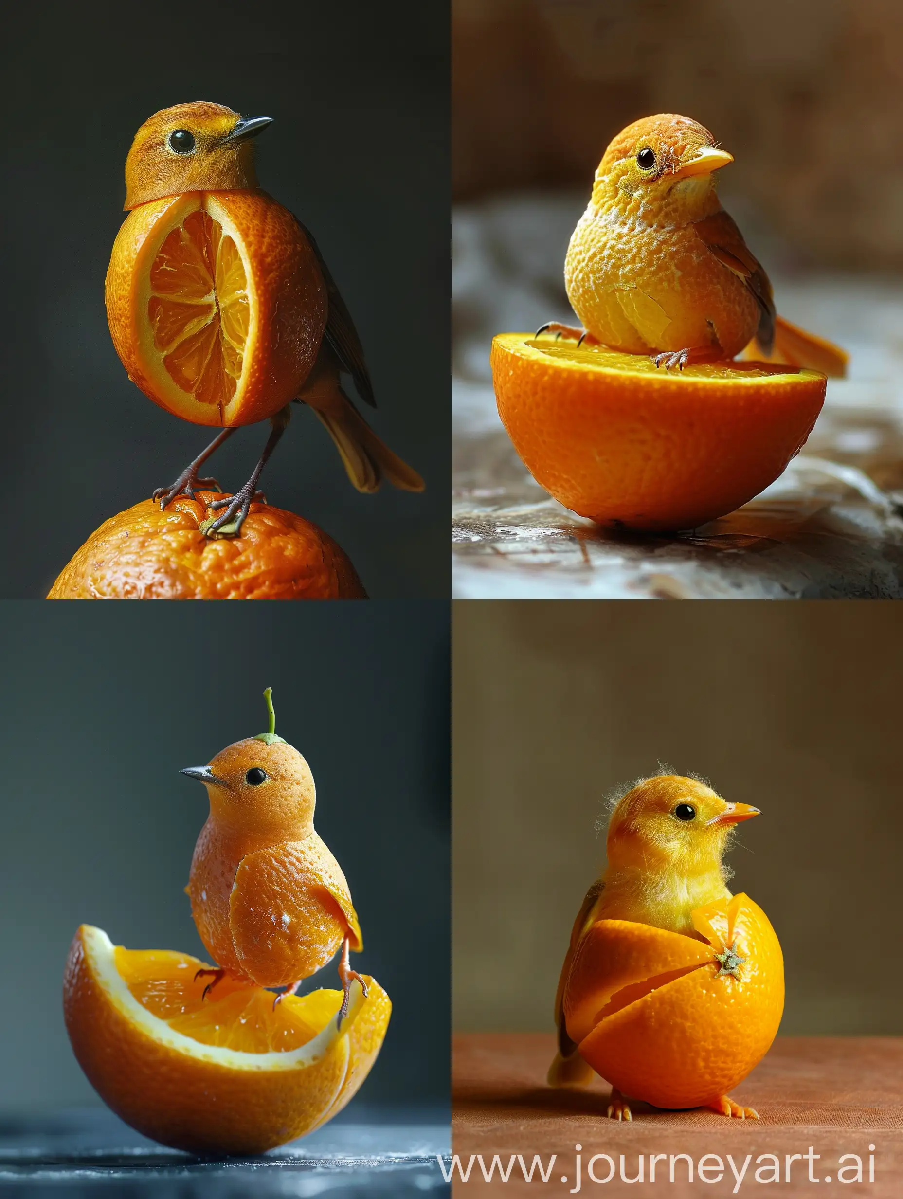 a little bird made of a fresh orange that has been cut open, photo-realistic techniques 
