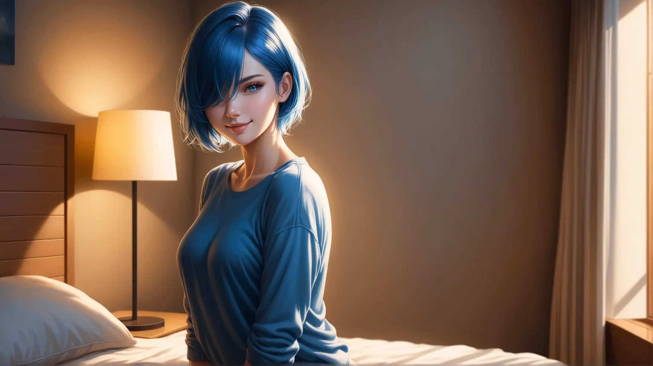 Draw a woman, short blue hair covering one eye, blue eyes, slender figure, high quality, realistic, accurate, detailed, long shot, ambient lighting, indoors, bedroom, casual outfit, seductive pose, smiling at the viewer