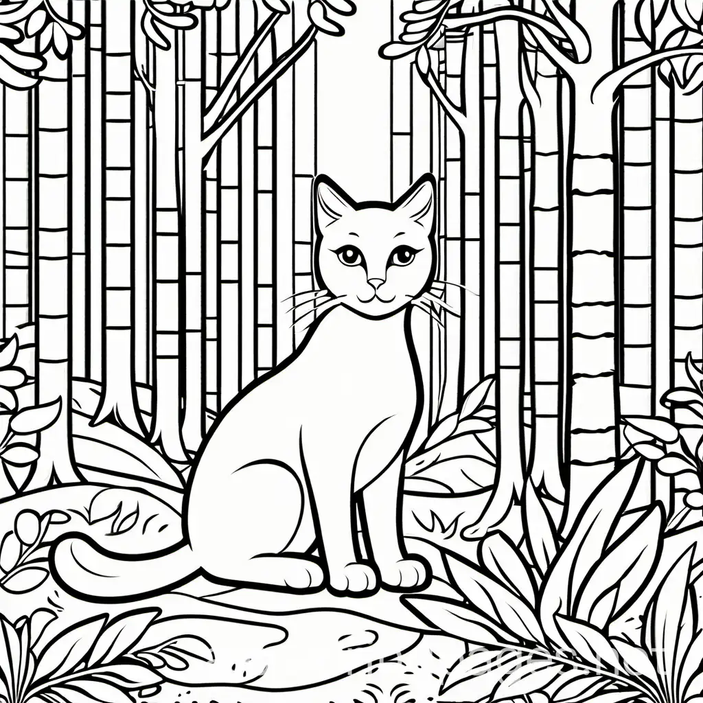 black and white coloring book drawing, only thick outlines, no grayscale, for kids cartoon style, cat, forest, Coloring Page, black and white, line art, white background, Simplicity, Ample White Space. The background of the coloring page is plain white to make it easy for young children to color within the lines. The outlines of all the subjects are easy to distinguish, making it simple for kids to color without too much difficulty