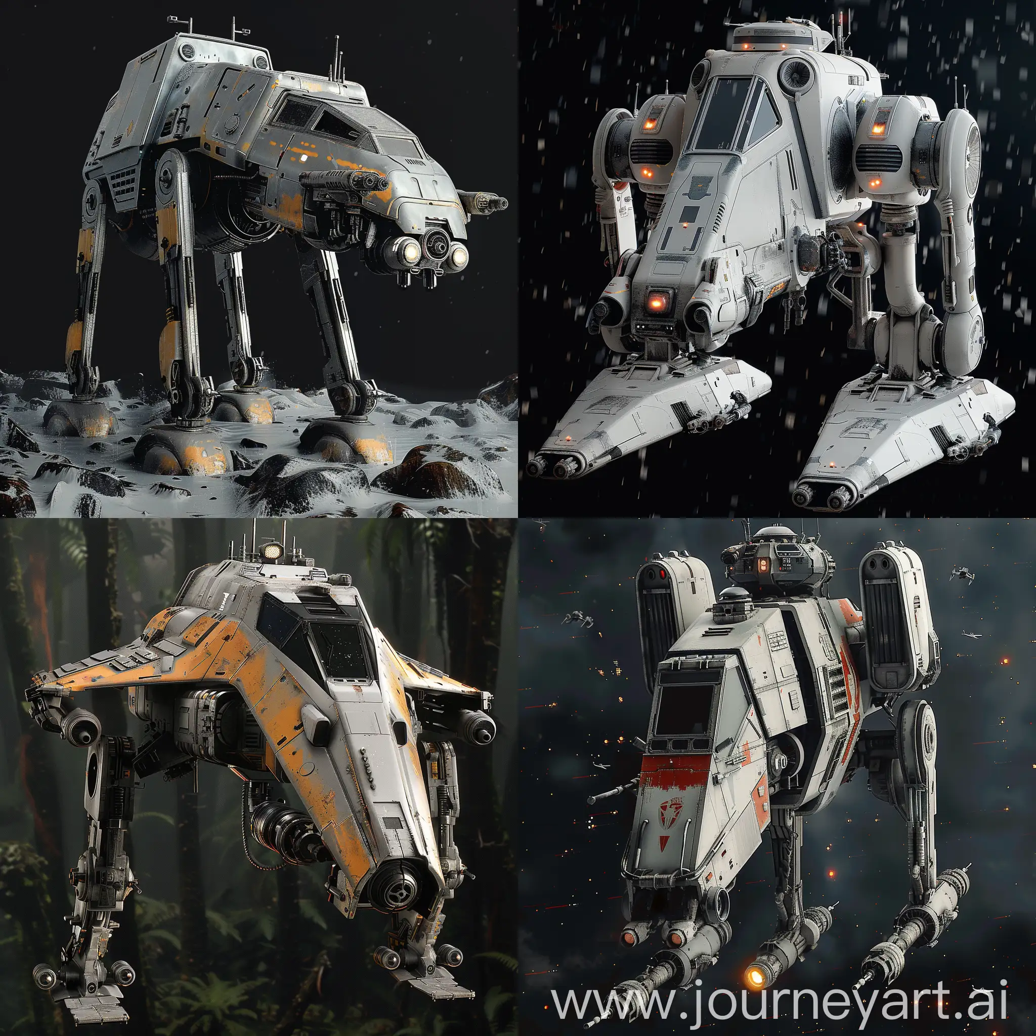 Futuristic:: Star Wars All Terrain Scout Transport https://static.wikia.nocookie.net/starwars/images/f/ff/ATST-SWBdice.png/revision/latest?cb=20230723050455, Advanced AI System, Energy Shield Technology, Stealth Mode, Adaptive Camouflage, Enhanced Maneuverability, Integrated Drone Swarm, Directed Energy Weapons, Directed Energy Weapons, Holographic Display Interface, Quantum Hyperdrive, Enhanced Sensors and Targeting Systems, Modular Weapon Mounts, Adaptive Suspension System, Integrated Communication Suite, Environmental Control Systems, Enhanced Armor and Durability, Autonomous Driving Capabilities, Energy-Efficient Propulsion System, Multi-Function Cockpit Display, Remote Control and Drone Integration, octane render --stylize 1000
