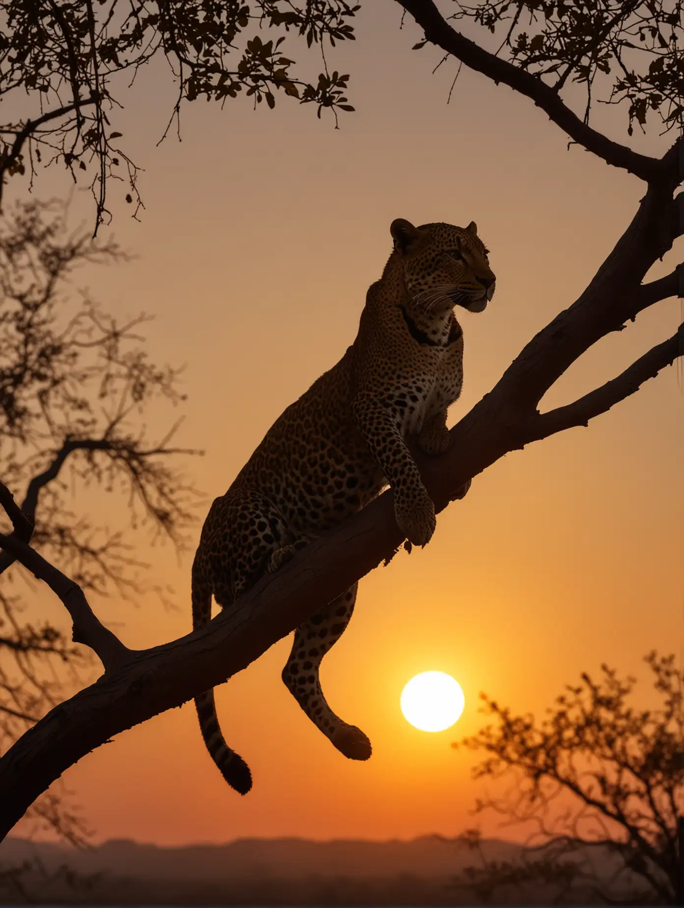 Silhouette of Leopard on Tree Branch at Sunset