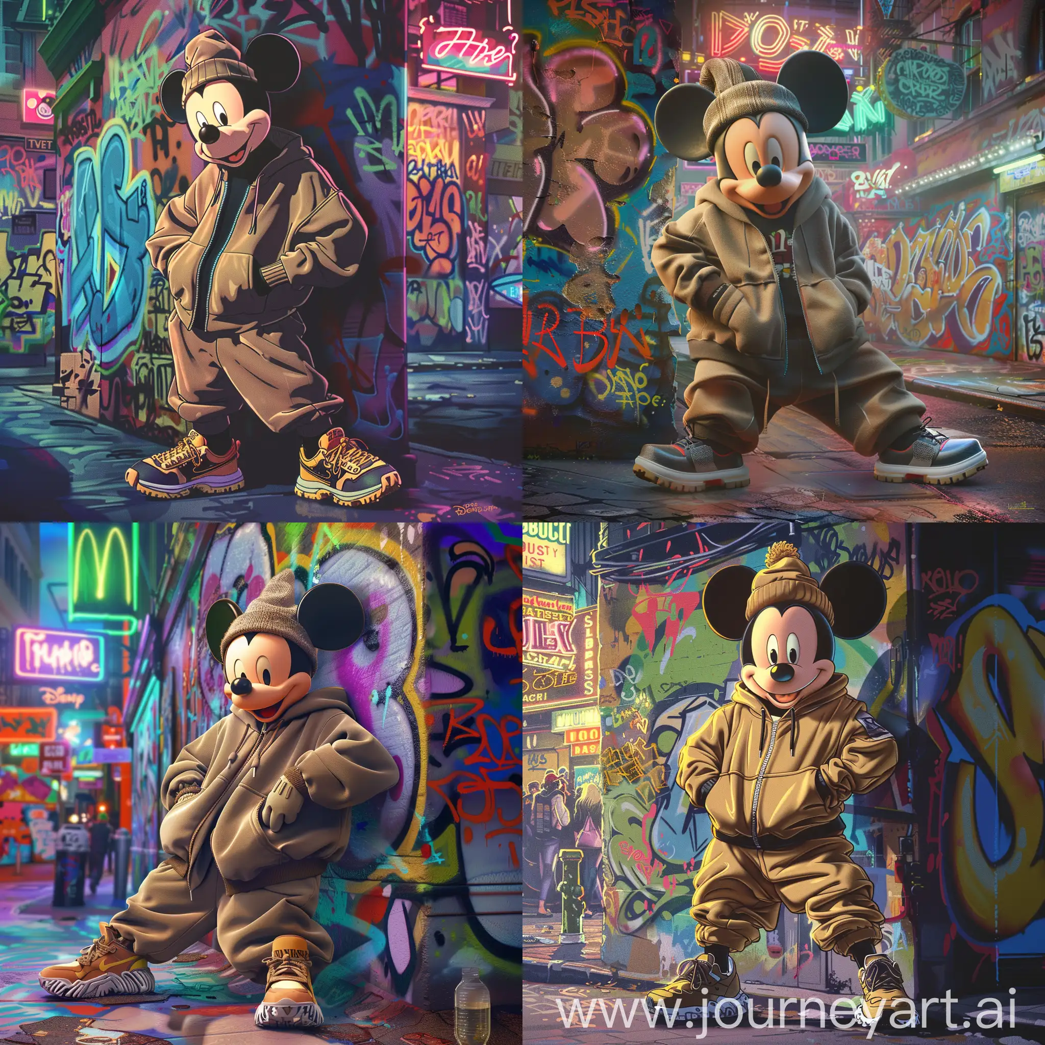 Mickey Mouse embracing a thug persona, dressed in a streetwear-inspired outfit. He wears a baggy tracksuit, a beanie, and chunky sneakers. His pose is confident and relaxed, leaning against a graffiti-covered wall. The background features a bustling city street, filled with neon signs and colorful murals. Created Using: contemporary street fashion, urban street art aesthetic, vibrant color scheme, energetic lighting, urban lifestyle vibes, hd quality, cartoonish style --ar 1:1 --v 6.0