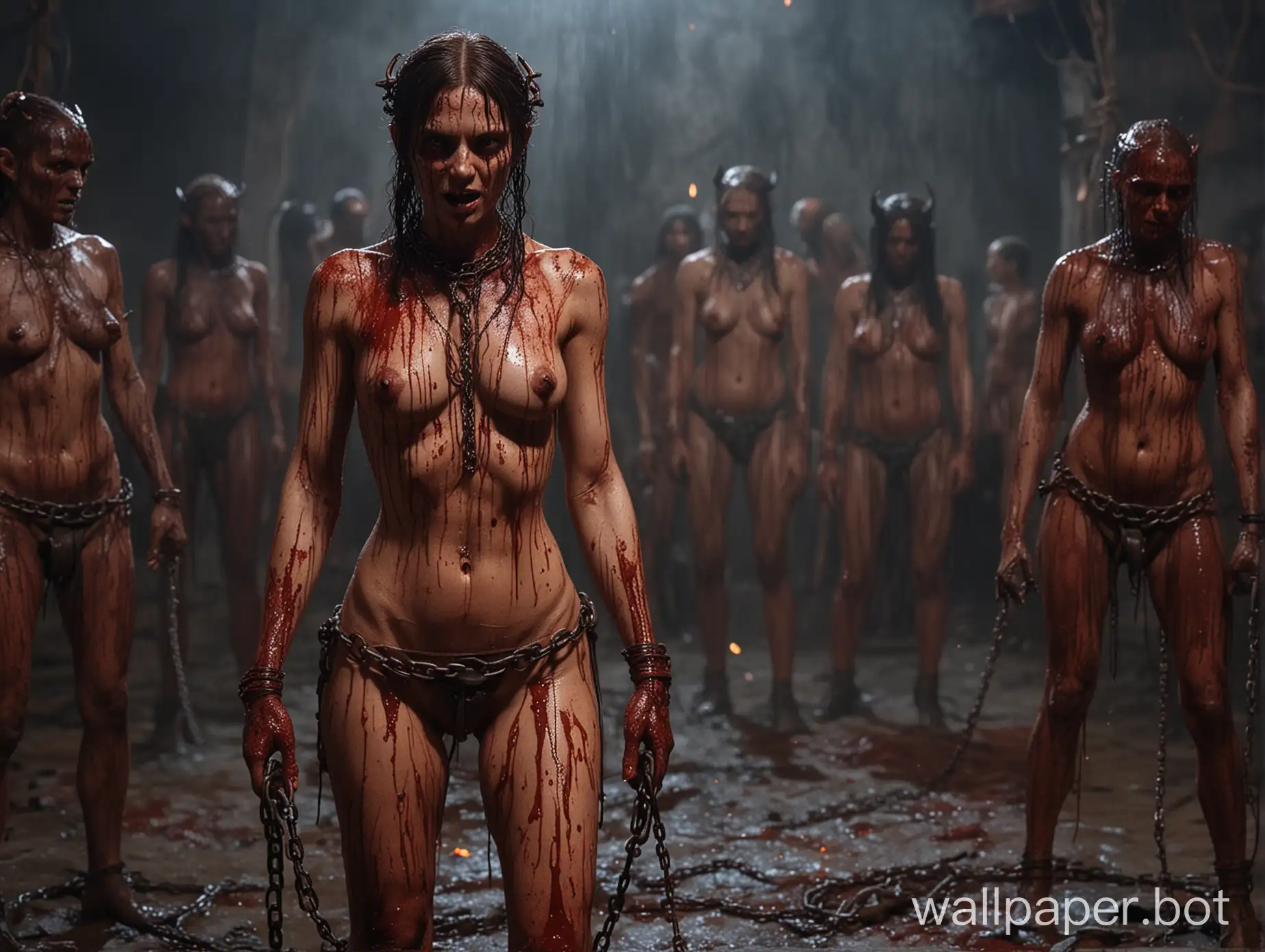 Dante's Hell, temptresses, Beautiful Naked Sweaty Succubi, Naked Sweaty beautiful chained captive slaves, full-length, scary devils, Blood mud fire, 4k detail
