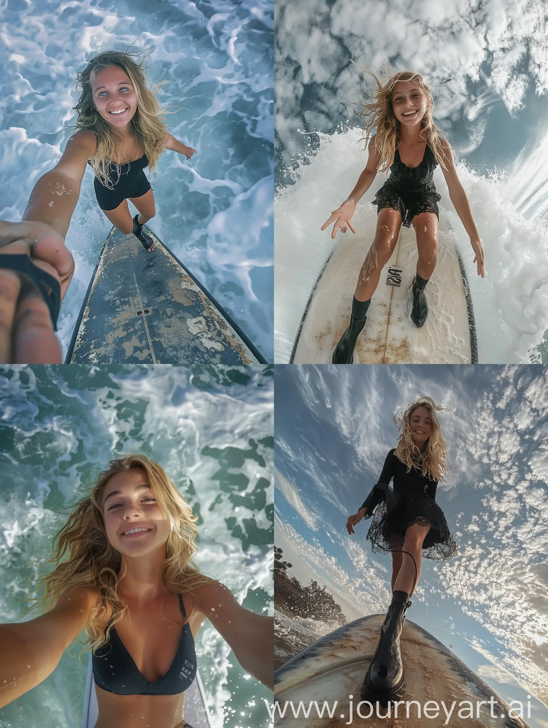 a girl, 22 years old, blonde hair, black dress, black boots, smiling, surfing, standing on a surfboard, no effects, selfie , iphone selfie, 
no filters, natural , iphone photo natural, camera down angle, sky view, down view